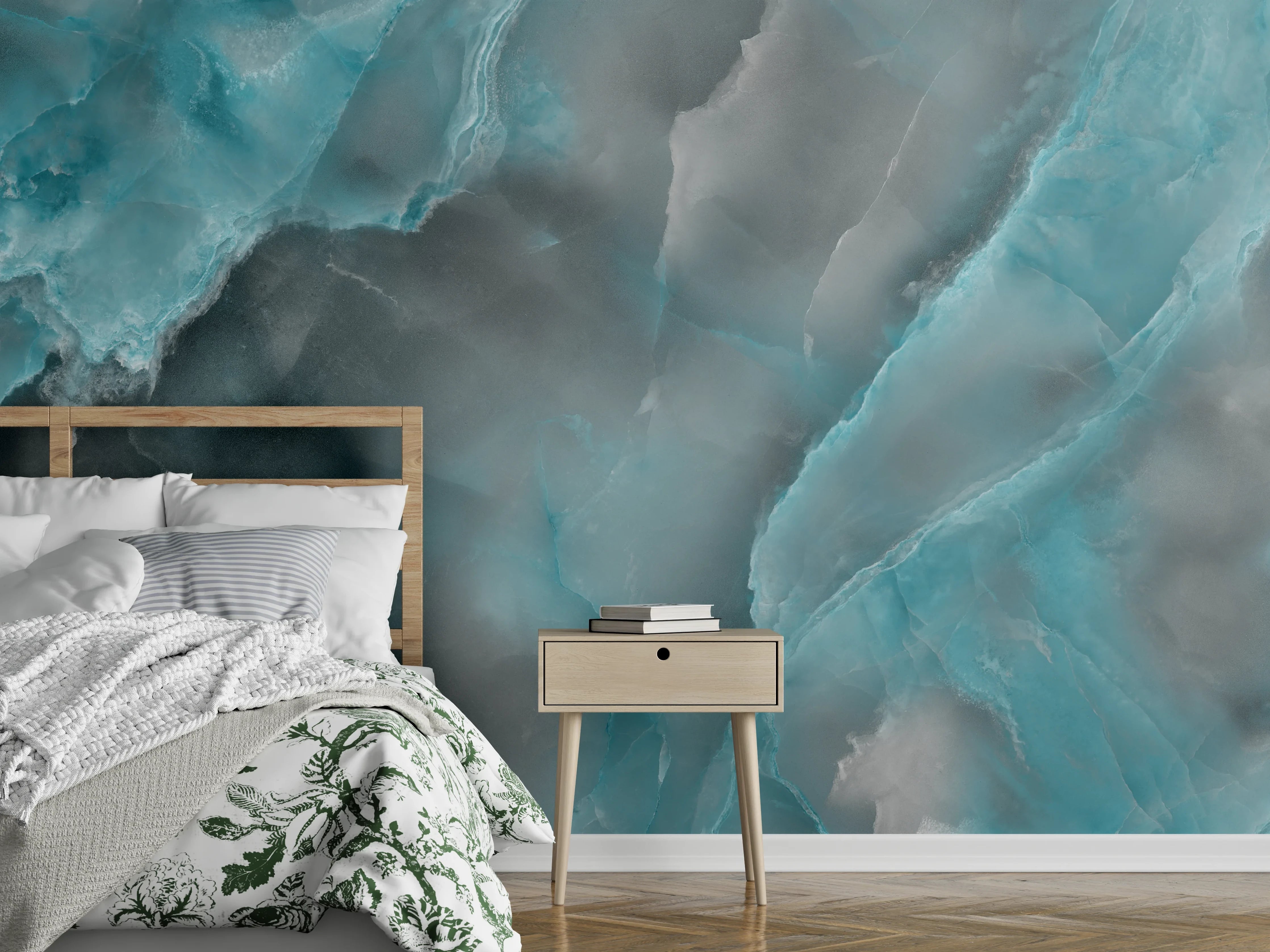 Wandverkleidung Schlafzimmer - Türkis-Grau-Steinmuster