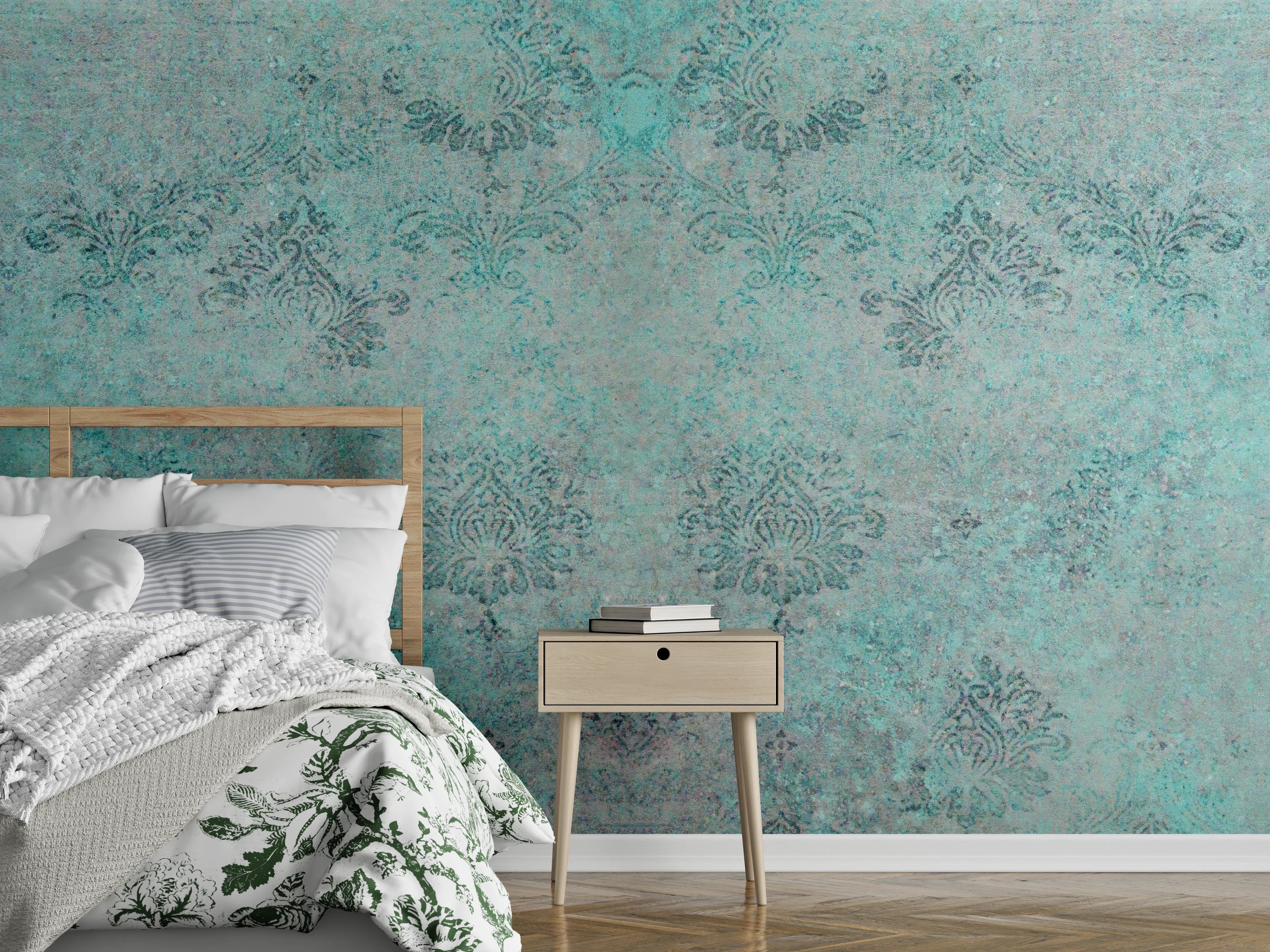 Wandverkleidung Schlafzimmer - Türkis-Graue Vintage Textur