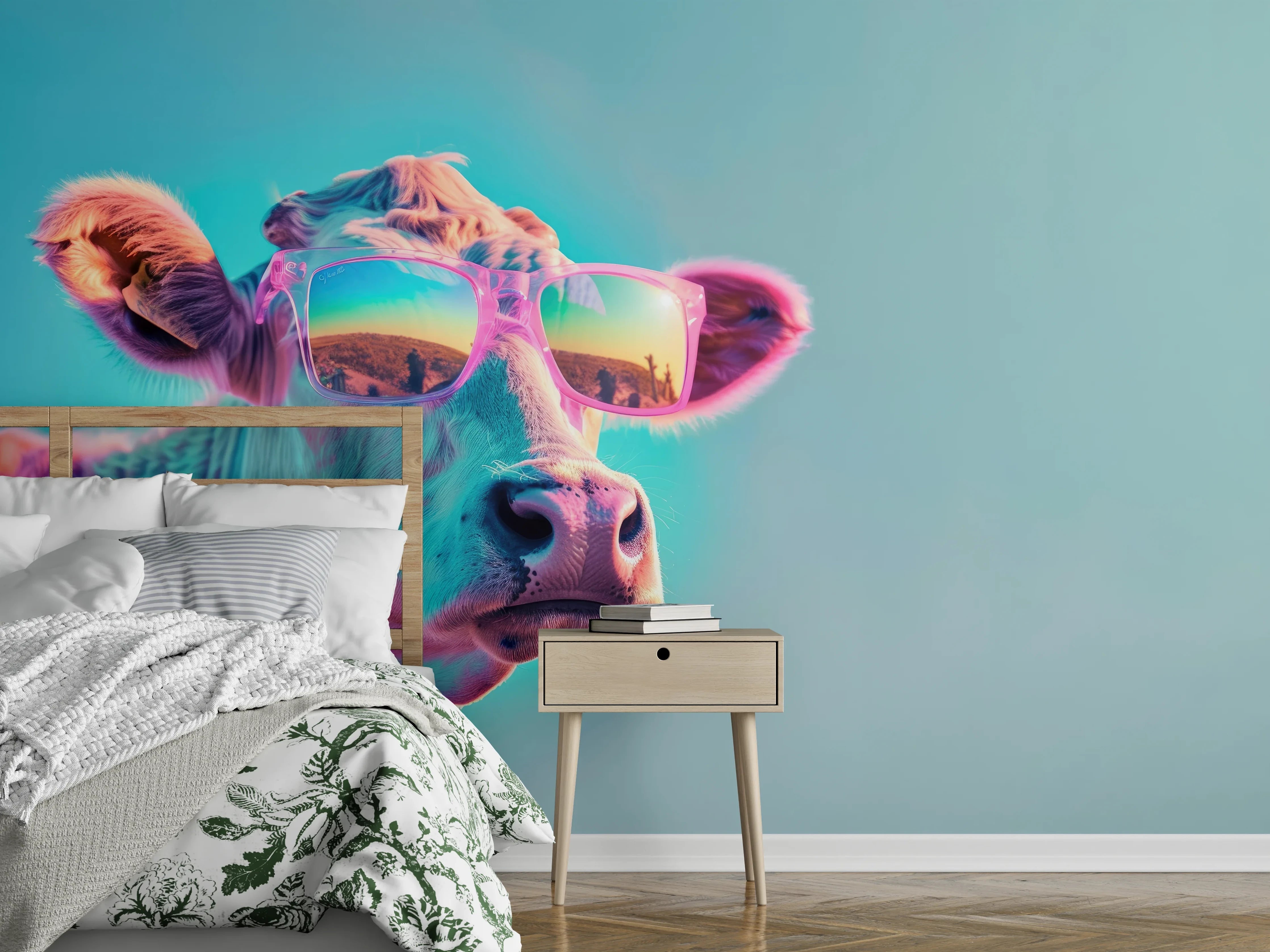 Wandverkleidung Schlafzimmer - Türkis-Pastell-Kuh mit Sonnenbrille