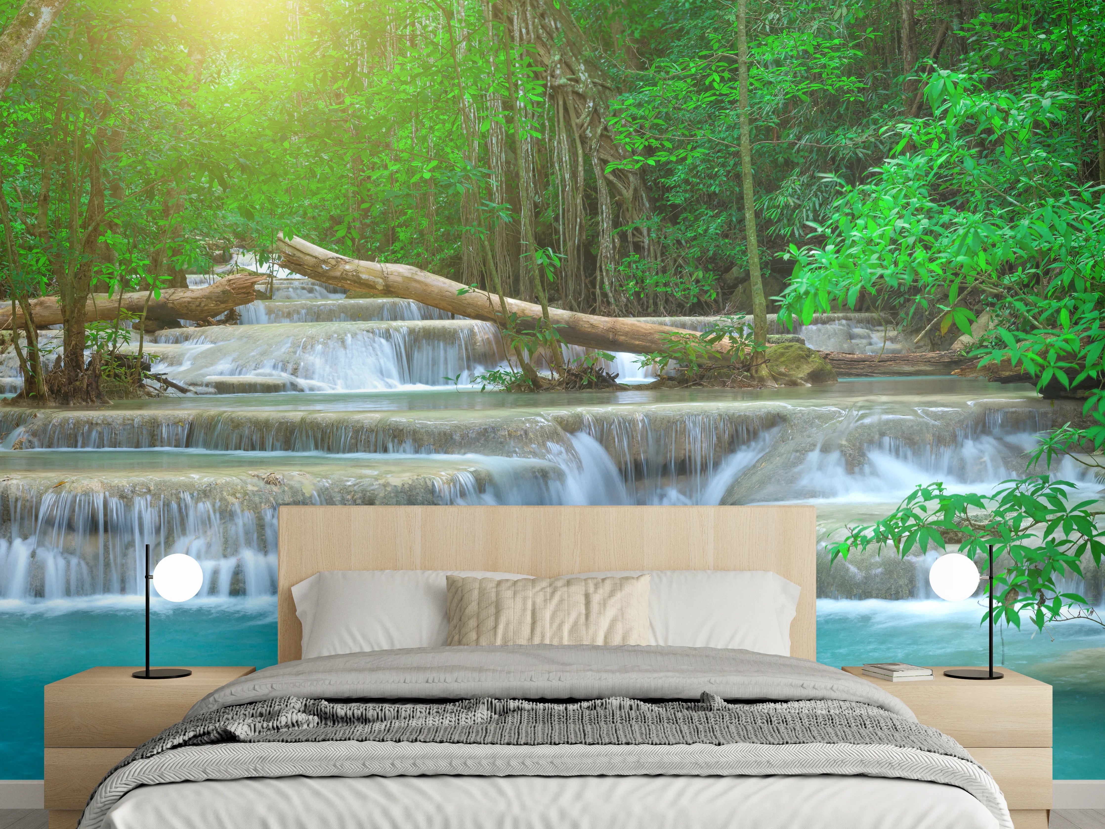 Wandverkleidung Schlafzimmer - Türkis-Wasserfall im grünen Wald