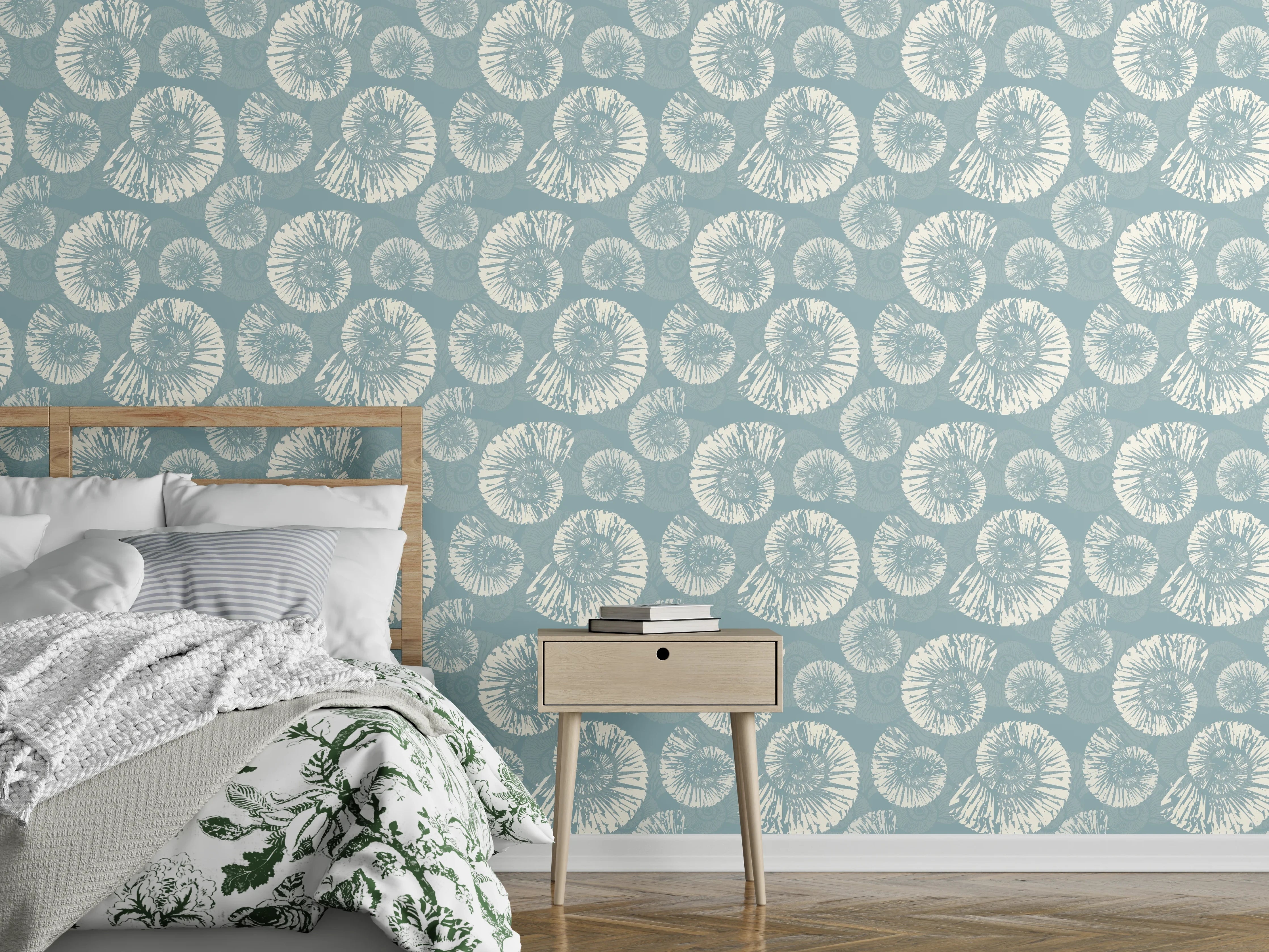 Wandverkleidung Schlafzimmer - Türkis-Weißes Muschelmuster