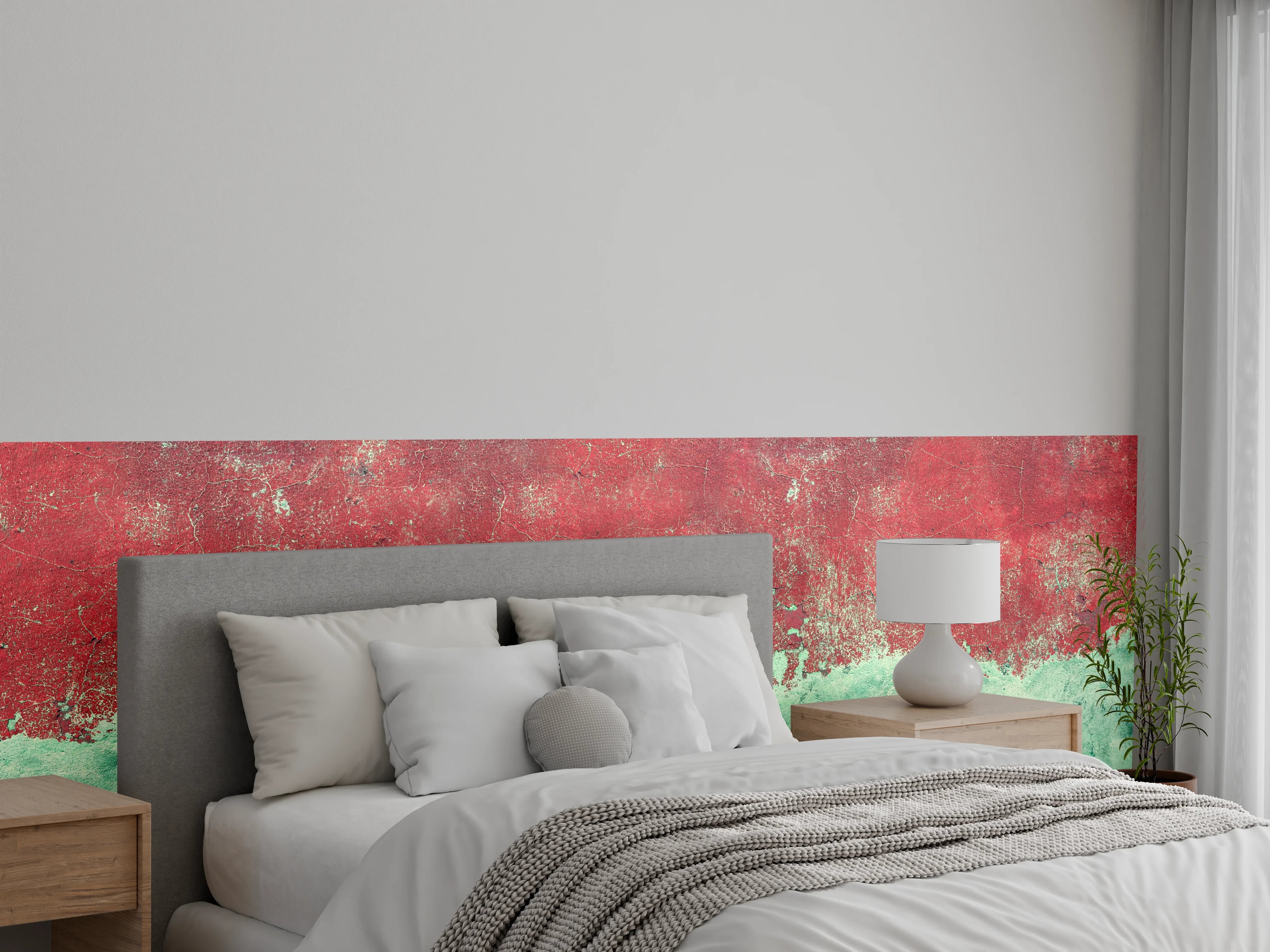 Wandverkleidung Schlafzimmer - Türkis-rote Wand im Grunge-Stil