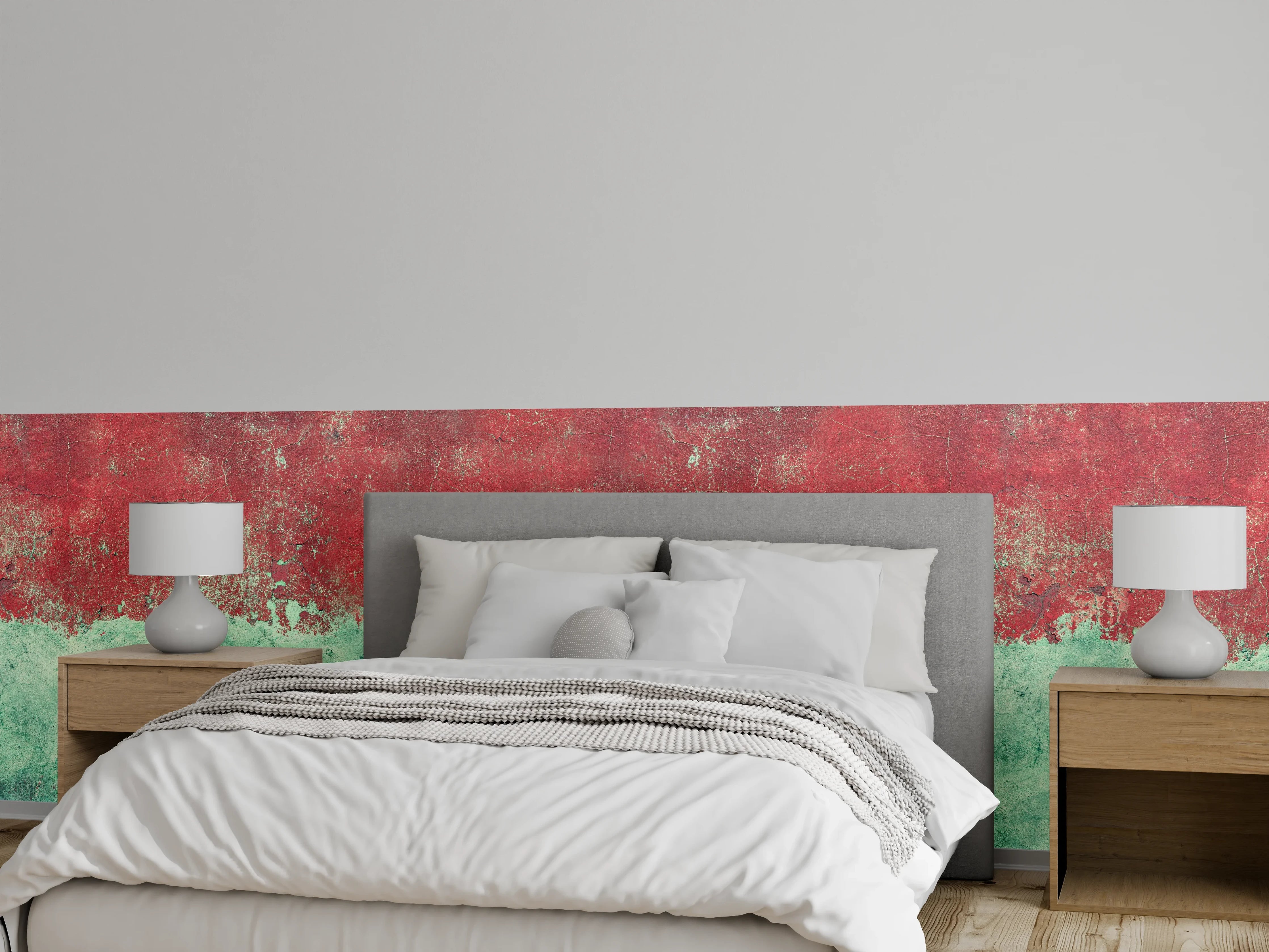 Wandverkleidung Schlafzimmer - Türkis-rote Wand im Grunge-Stil
