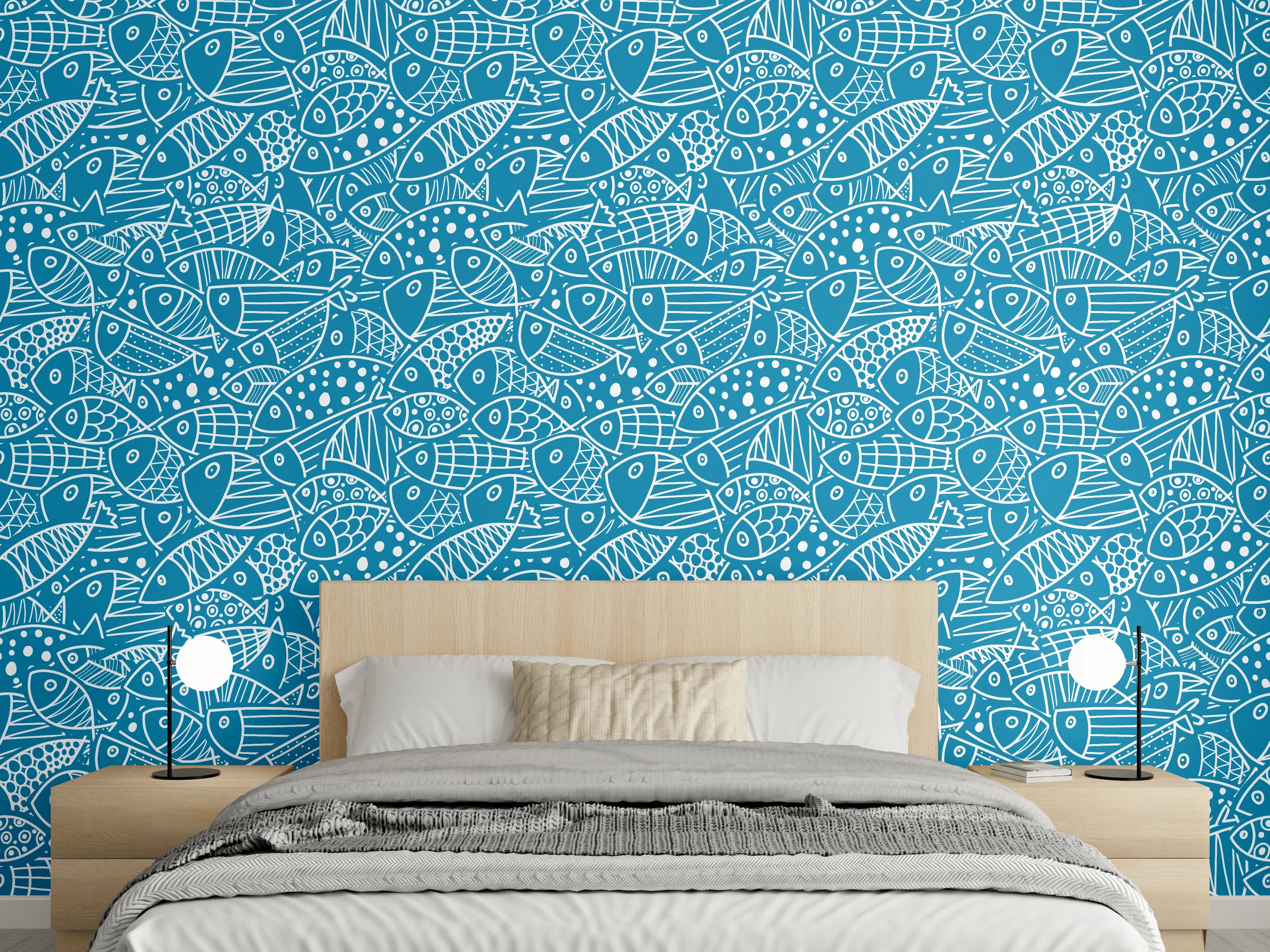 Wandverkleidung Schlafzimmer - Türkis‑Weißes Fischmuster