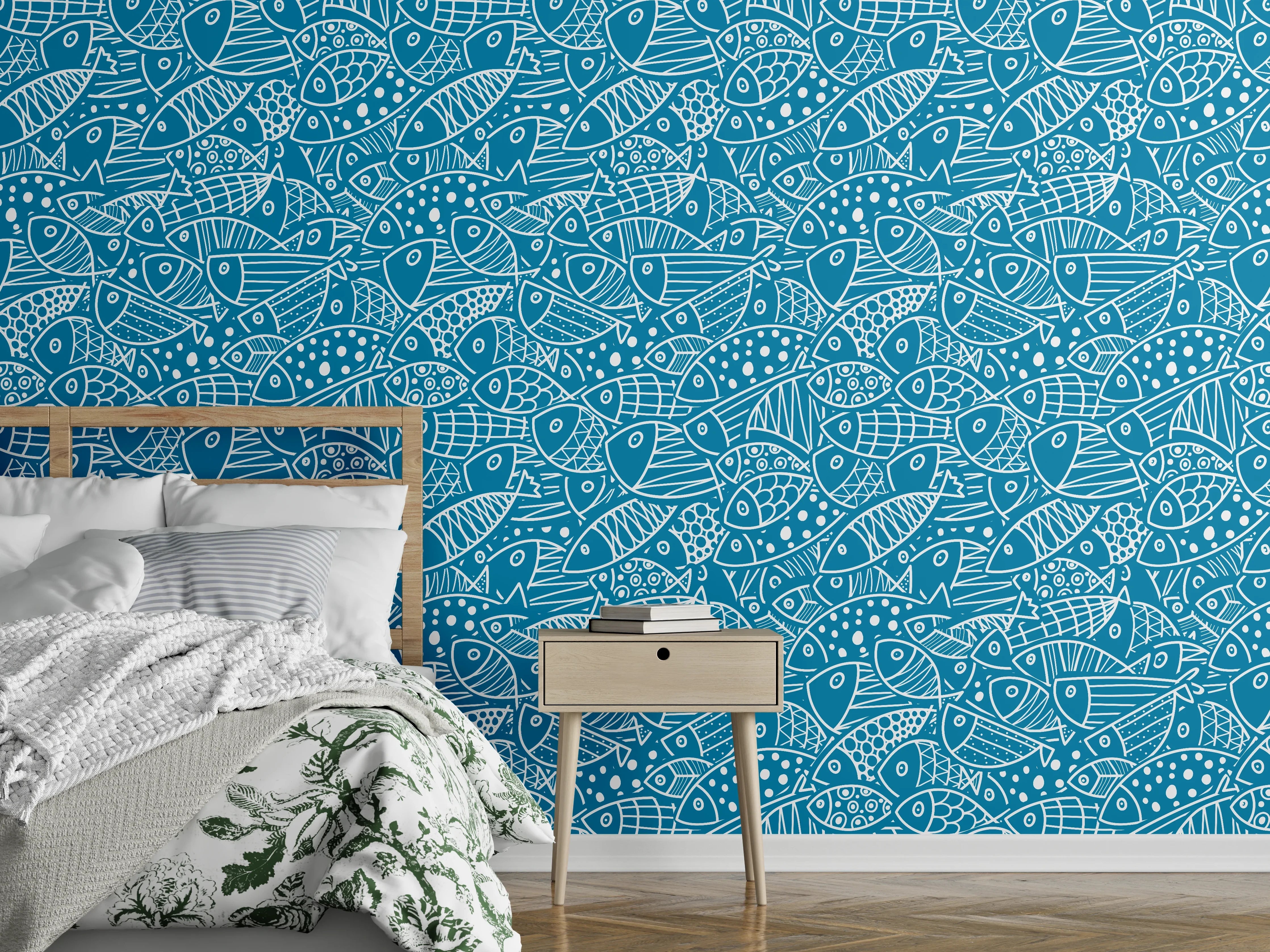 Wandverkleidung Schlafzimmer - Türkis‑Weißes Fischmuster
