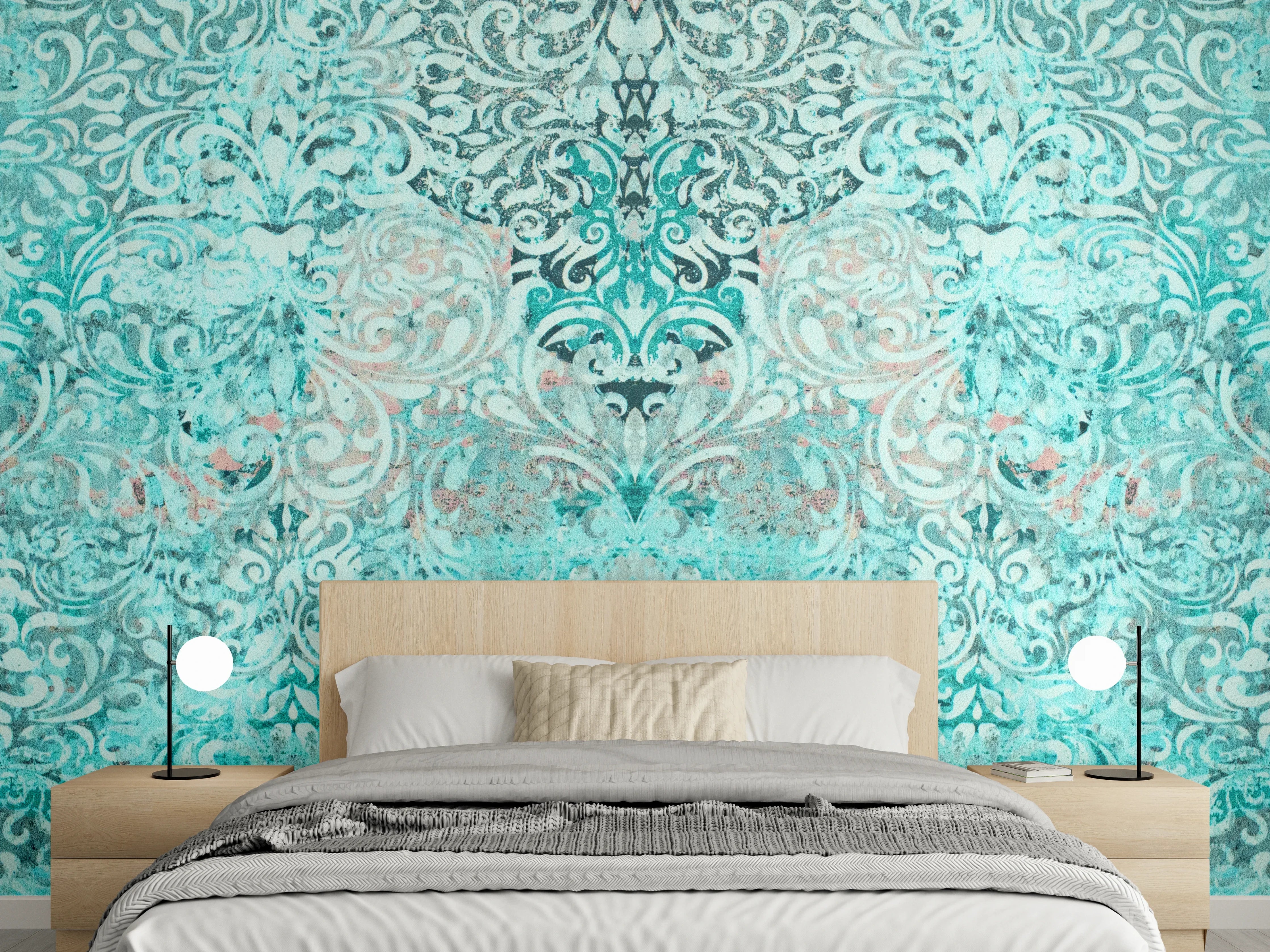Wandverkleidung Schlafzimmer - Türkise Vintage Tapete