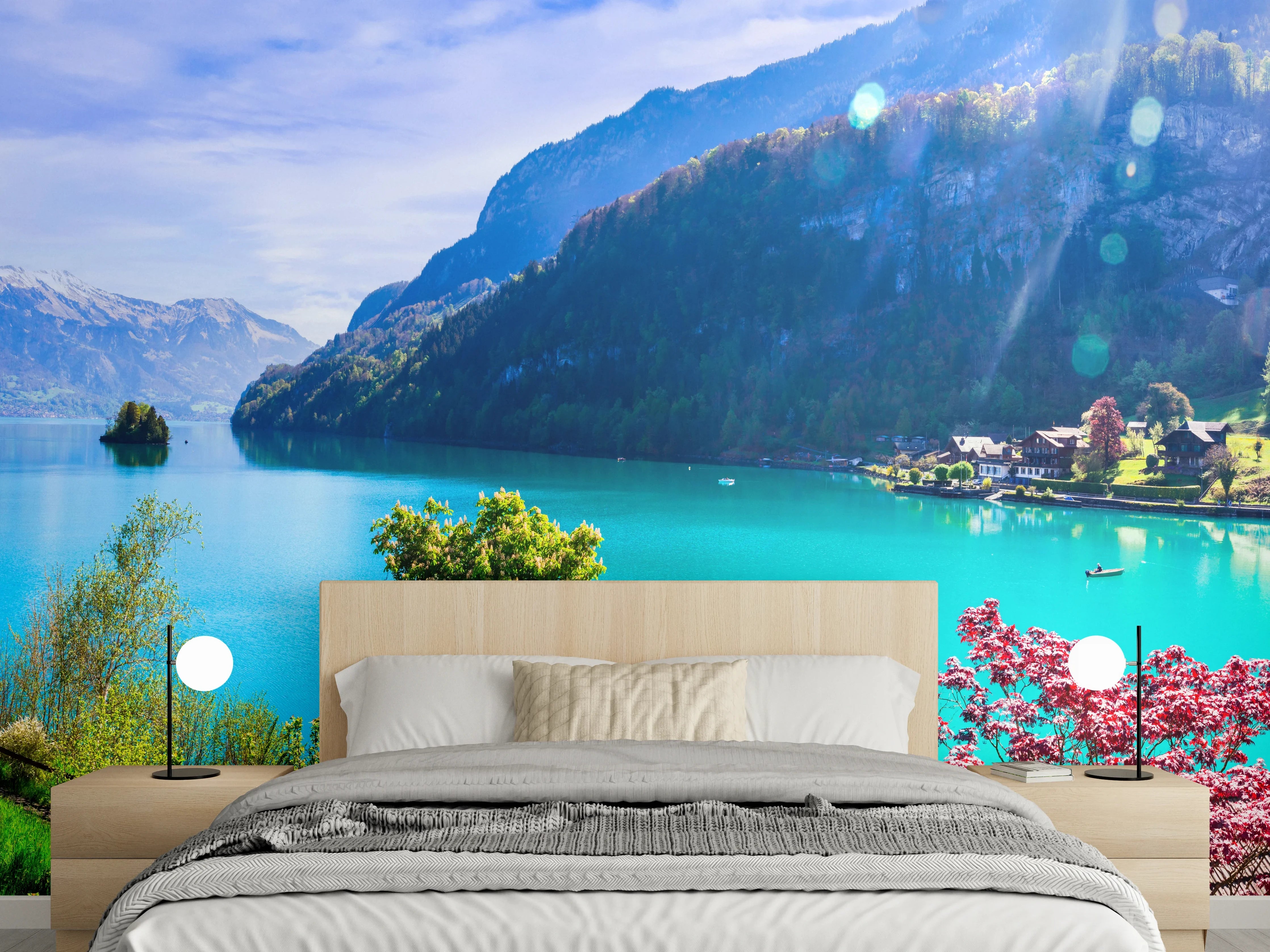 Wandverkleidung Schlafzimmer - Türkiser Bergsee mit Alpenpanorama