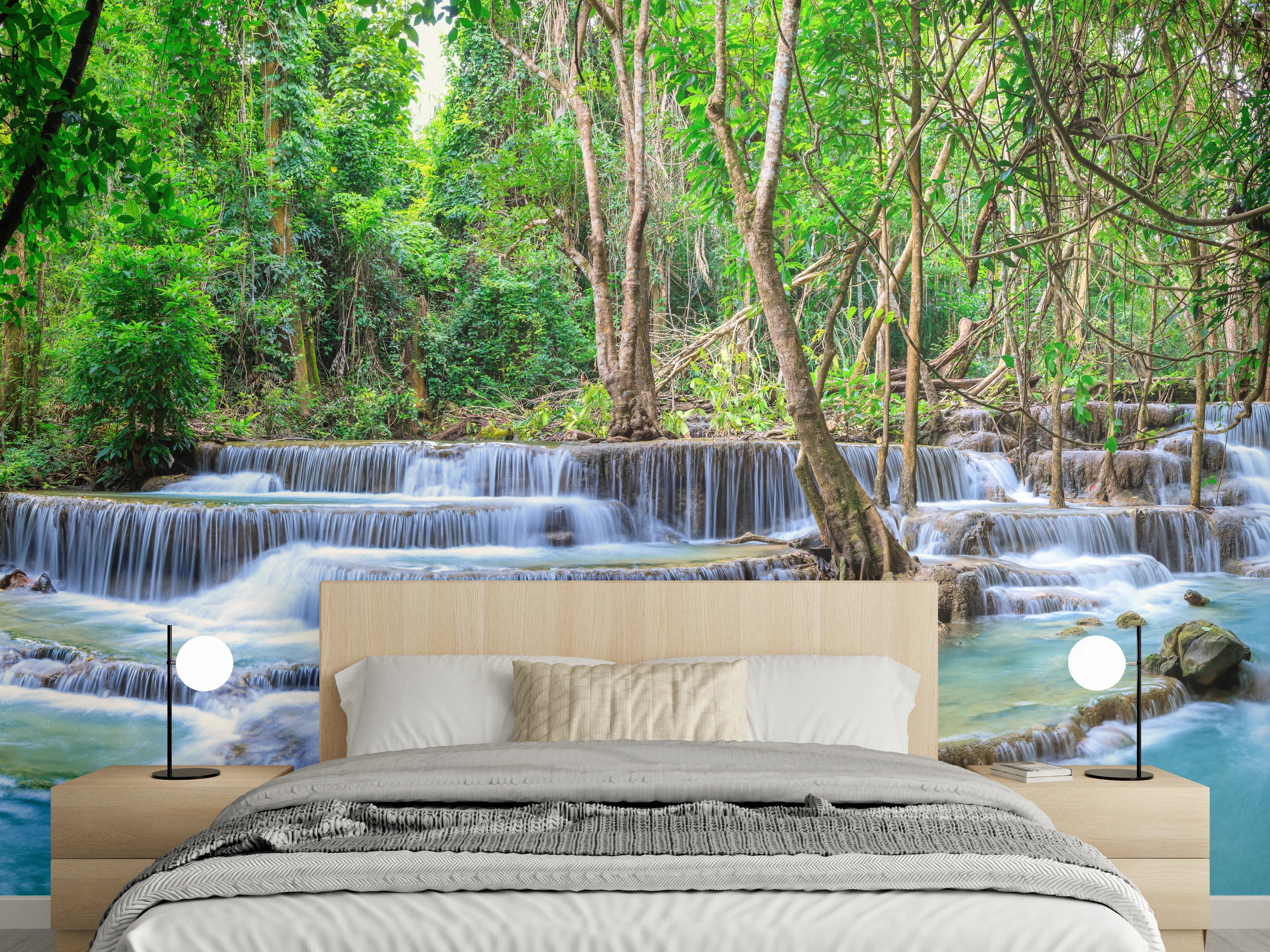 Wandverkleidung Schlafzimmer - Türkisgrüner Dschungel-Wasserfall