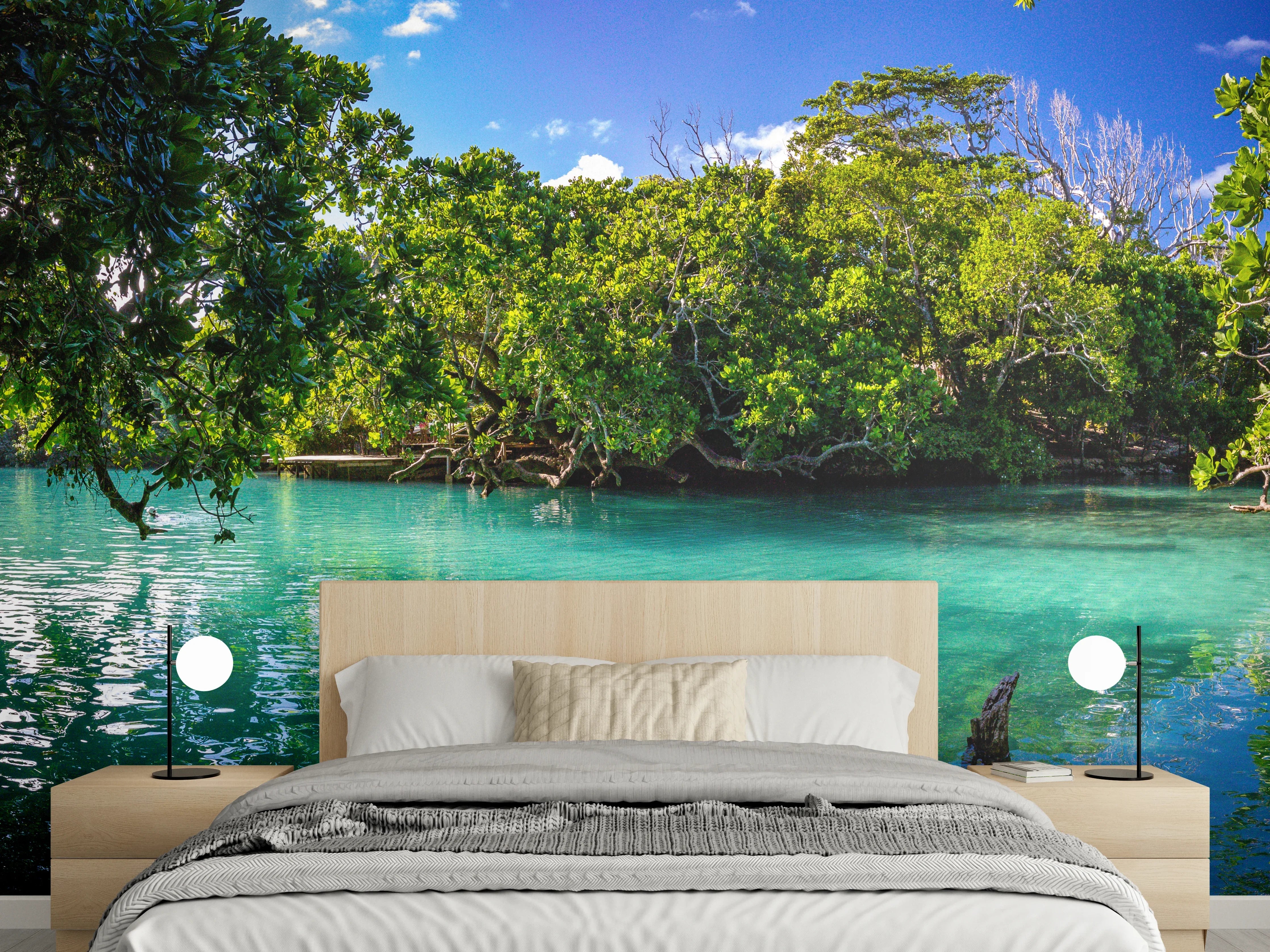 Wandverkleidung Schlafzimmer - Türkisgrüner Dschungel am Wasser