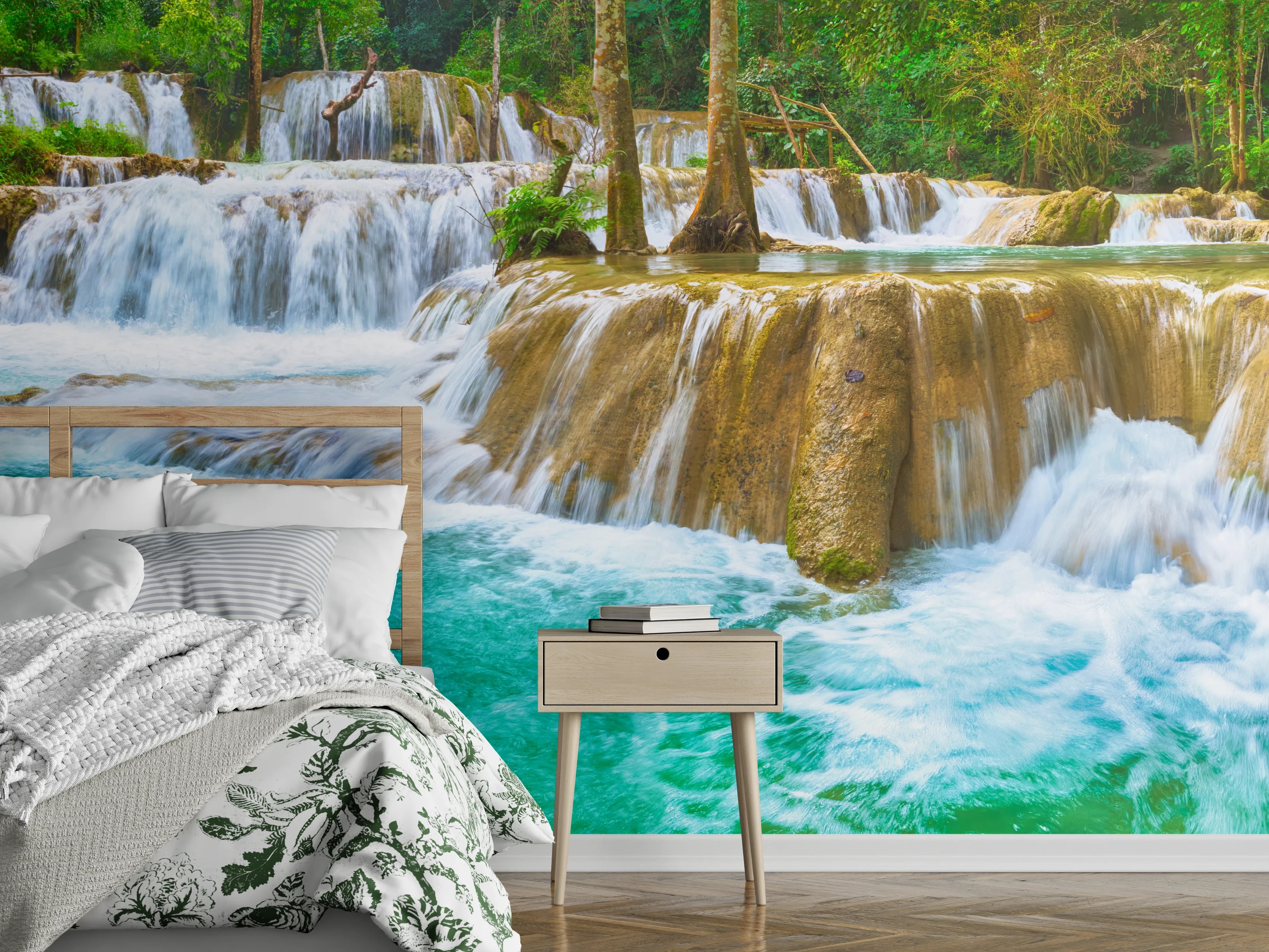 Wandverkleidung Schlafzimmer - Türkisgrüner Stufen-Wasserfall