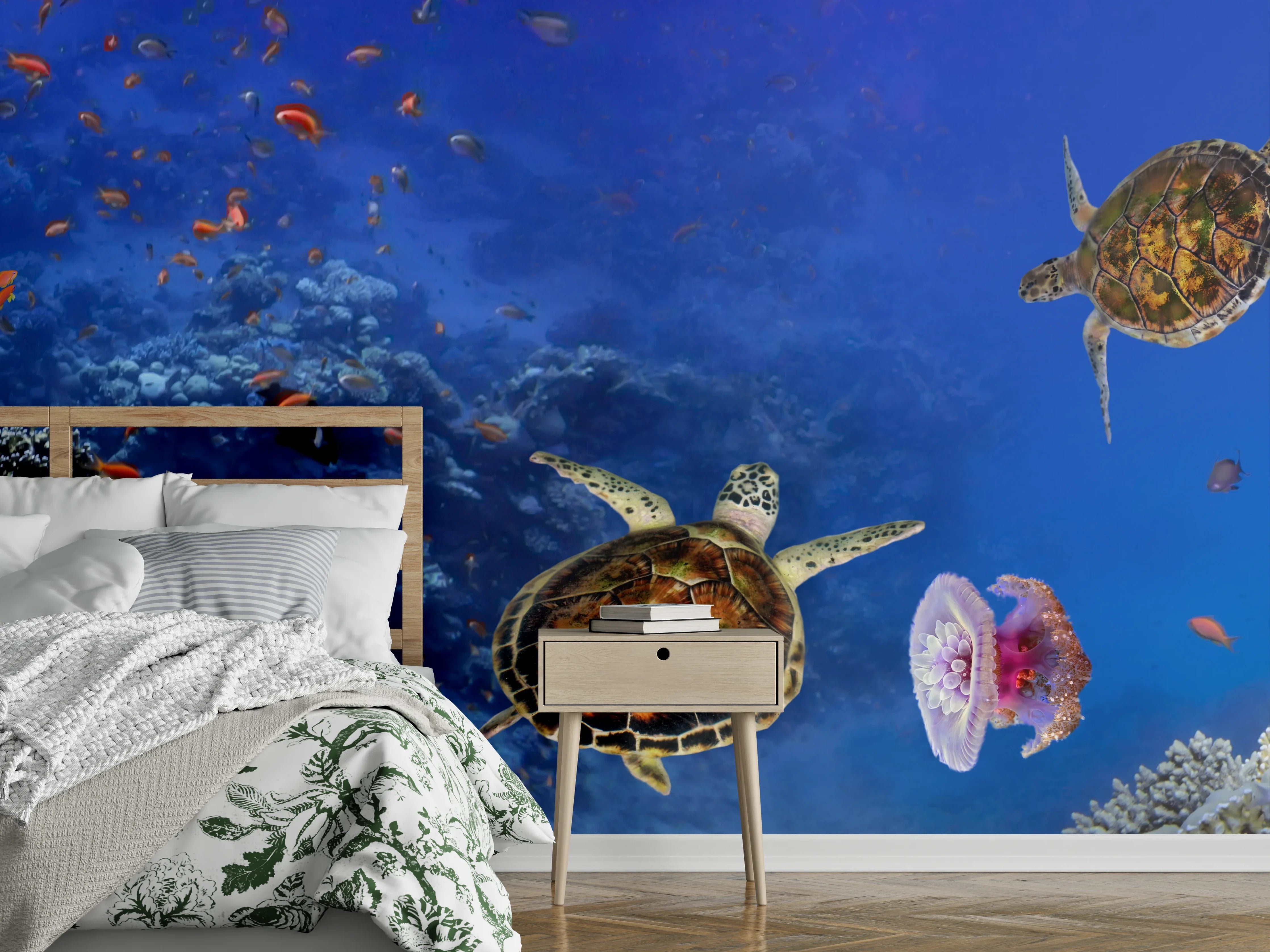 Wandverkleidung Schlafzimmer - Unterwasser-Panorama mit Schildkröte