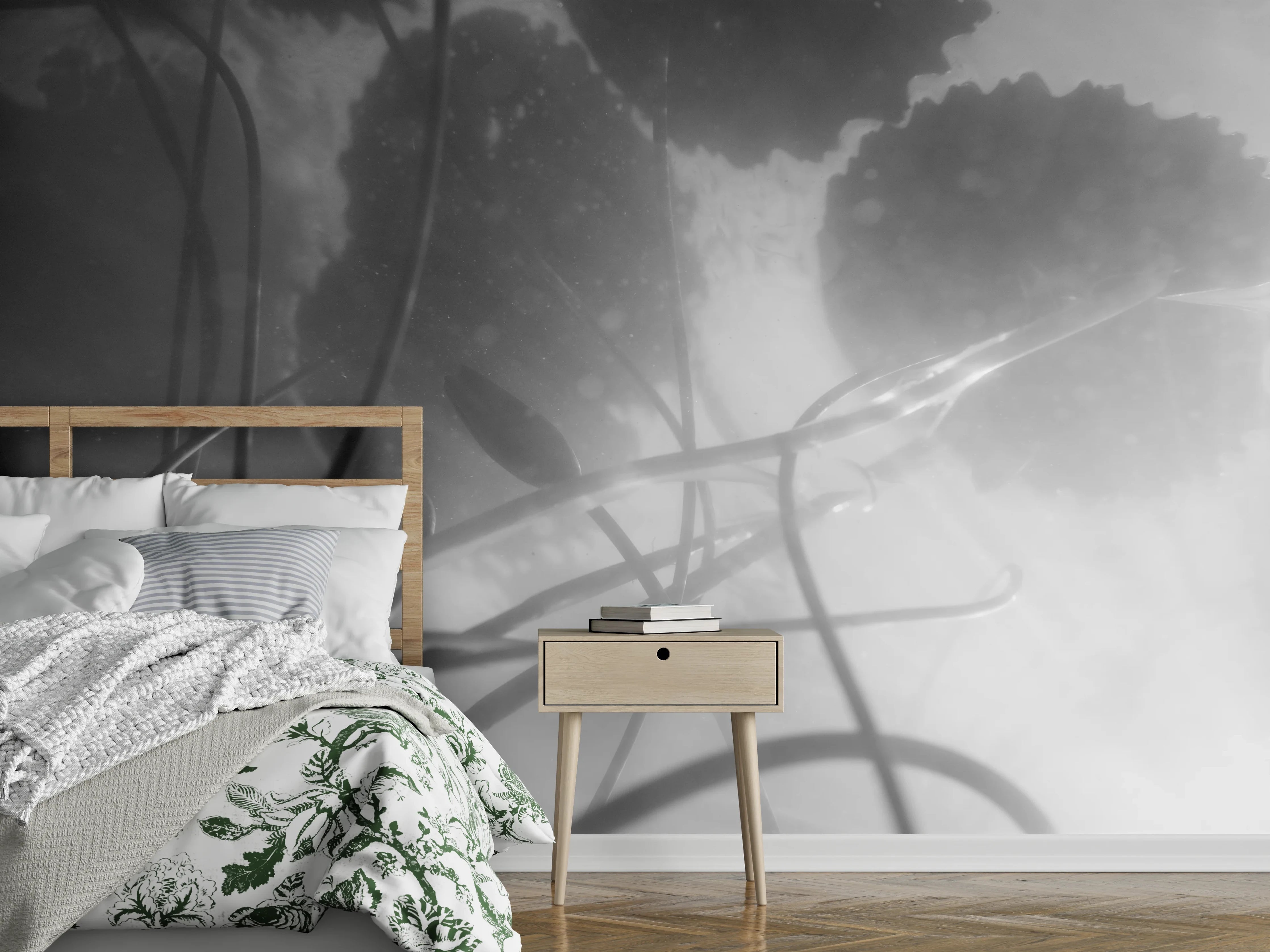 Wandverkleidung Schlafzimmer - Unterwasser Seerosen Schwarz-Weiß Fotokunst