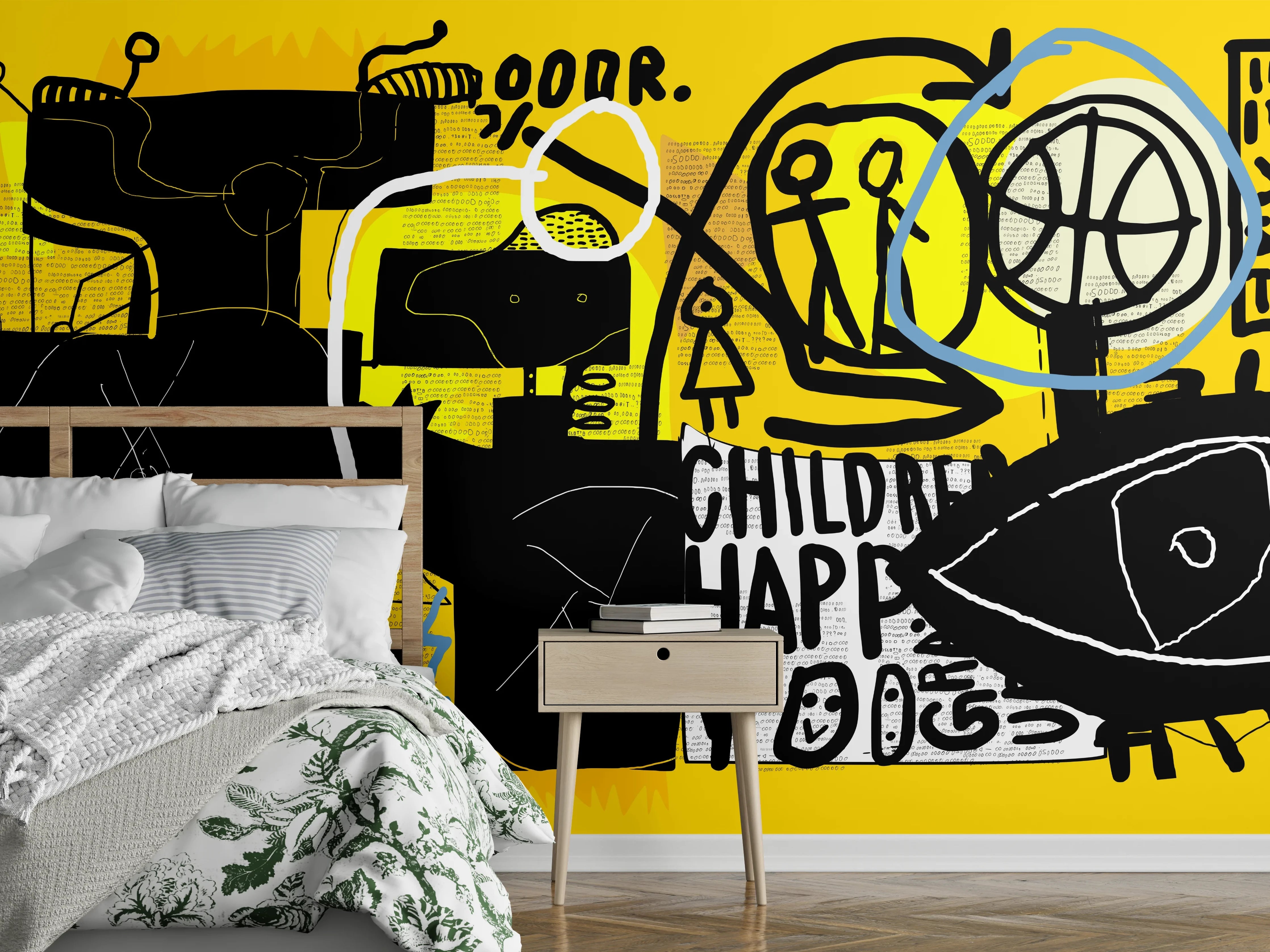 Wandverkleidung Schlafzimmer - Urbanes Graffiti-Kunstwerk Gelb Schwarz