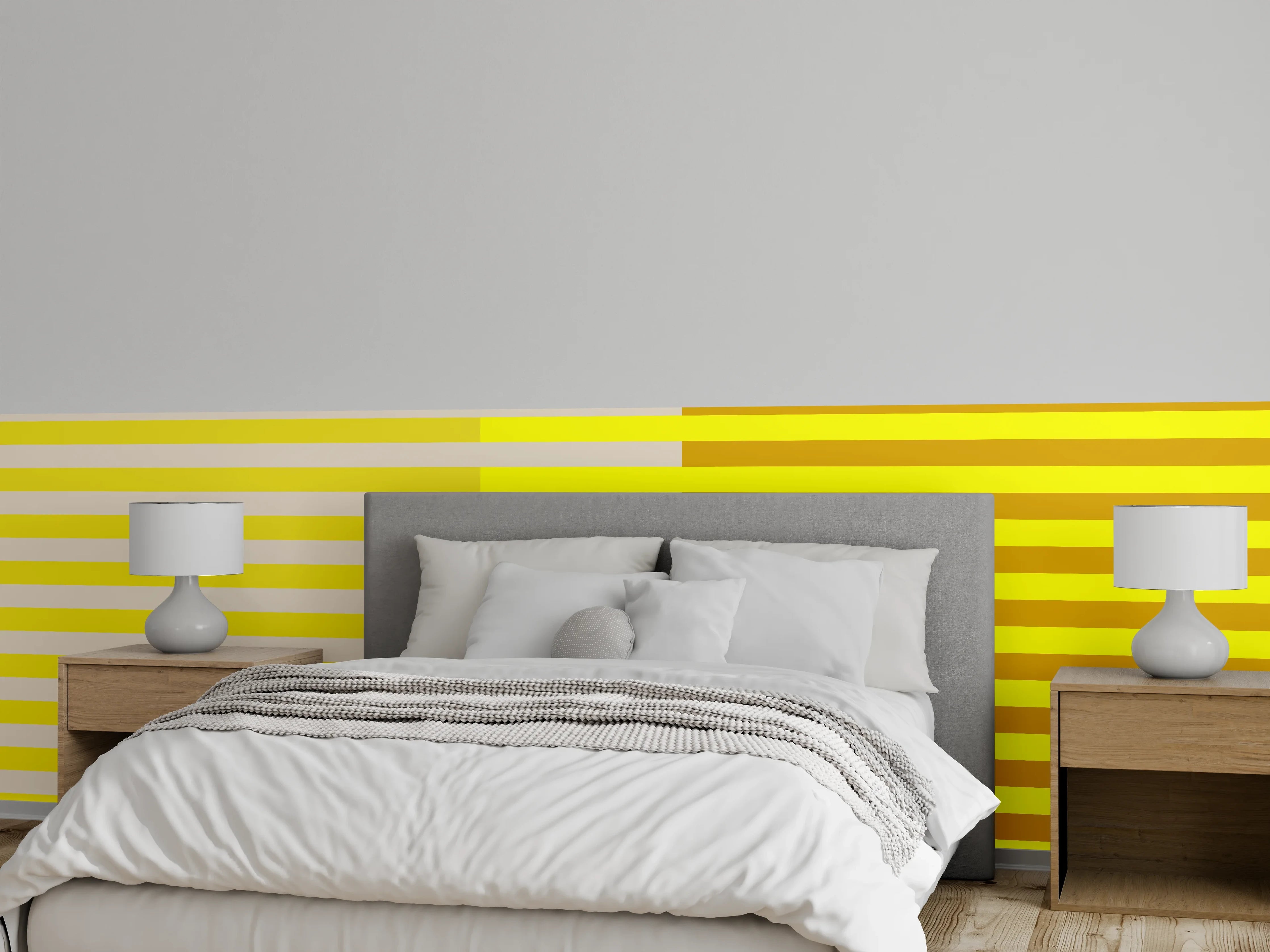 Wandverkleidung Schlafzimmer - Urbanes Streifenspiel in Grau-Orange