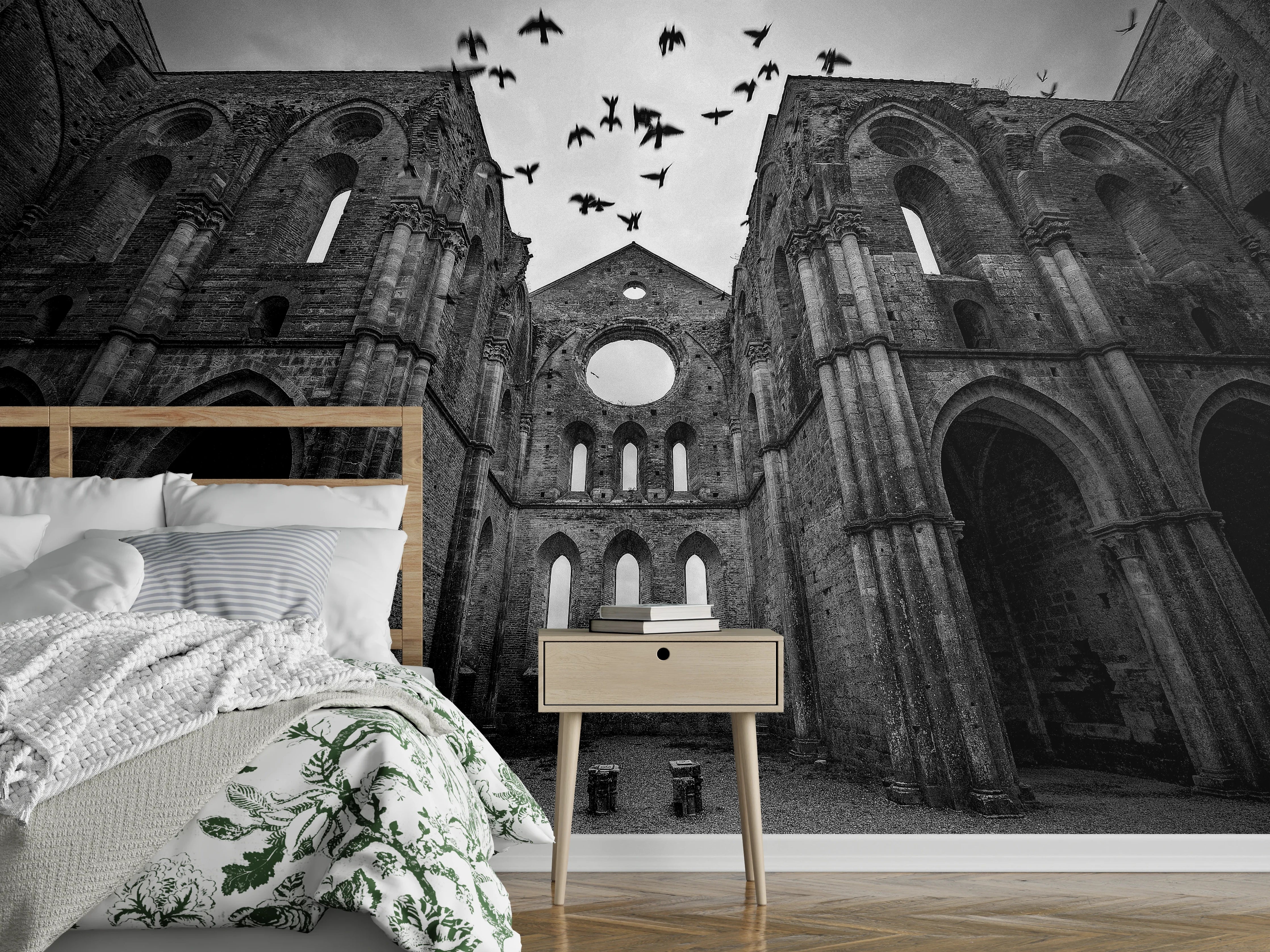 Wandverkleidung Schlafzimmer - Verfallene Kathedrale in Schwarz-Weiß