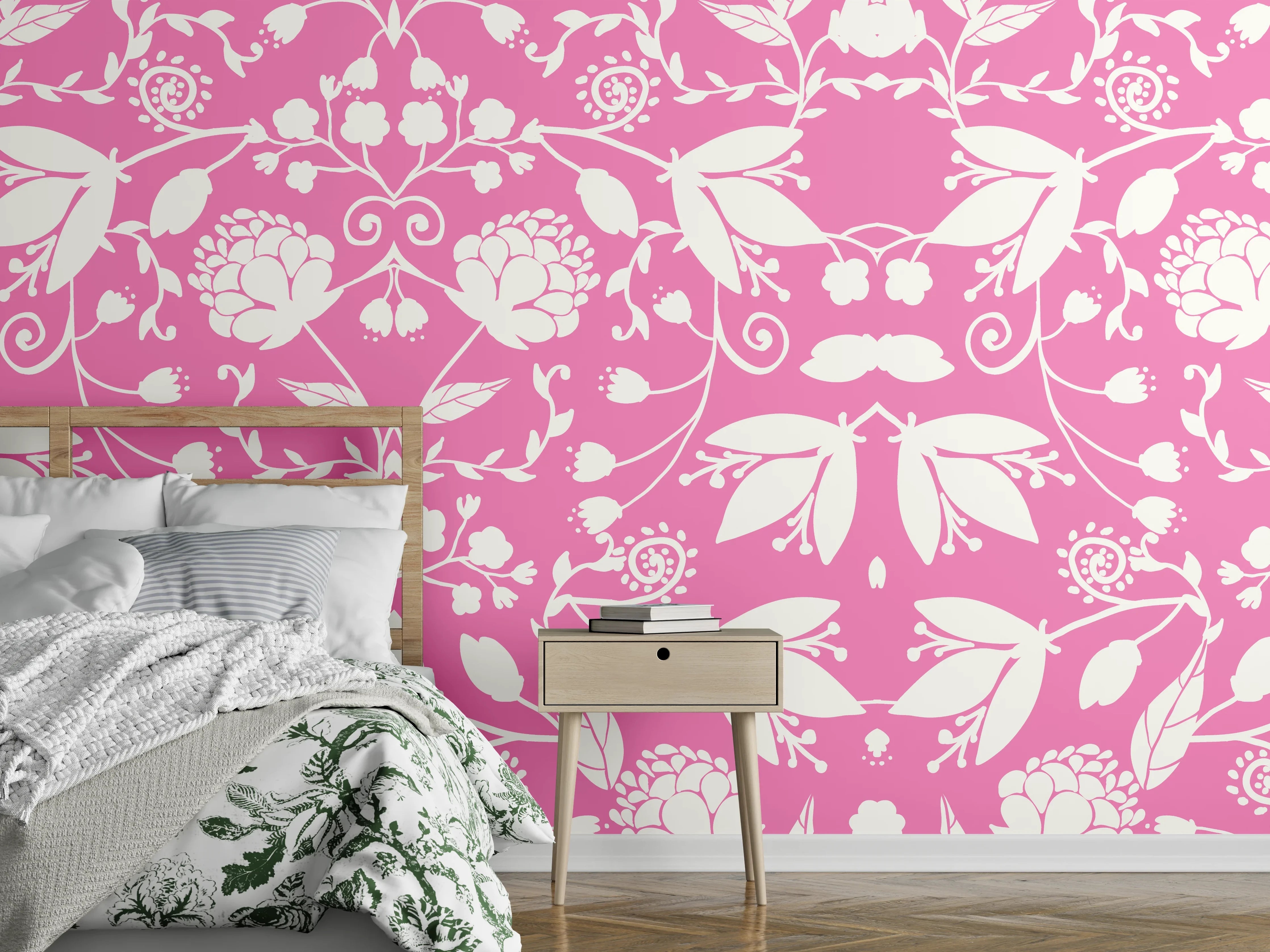 Wandverkleidung Schlafzimmer - Verspielte Blumenmuster in Rosa und Weiß
