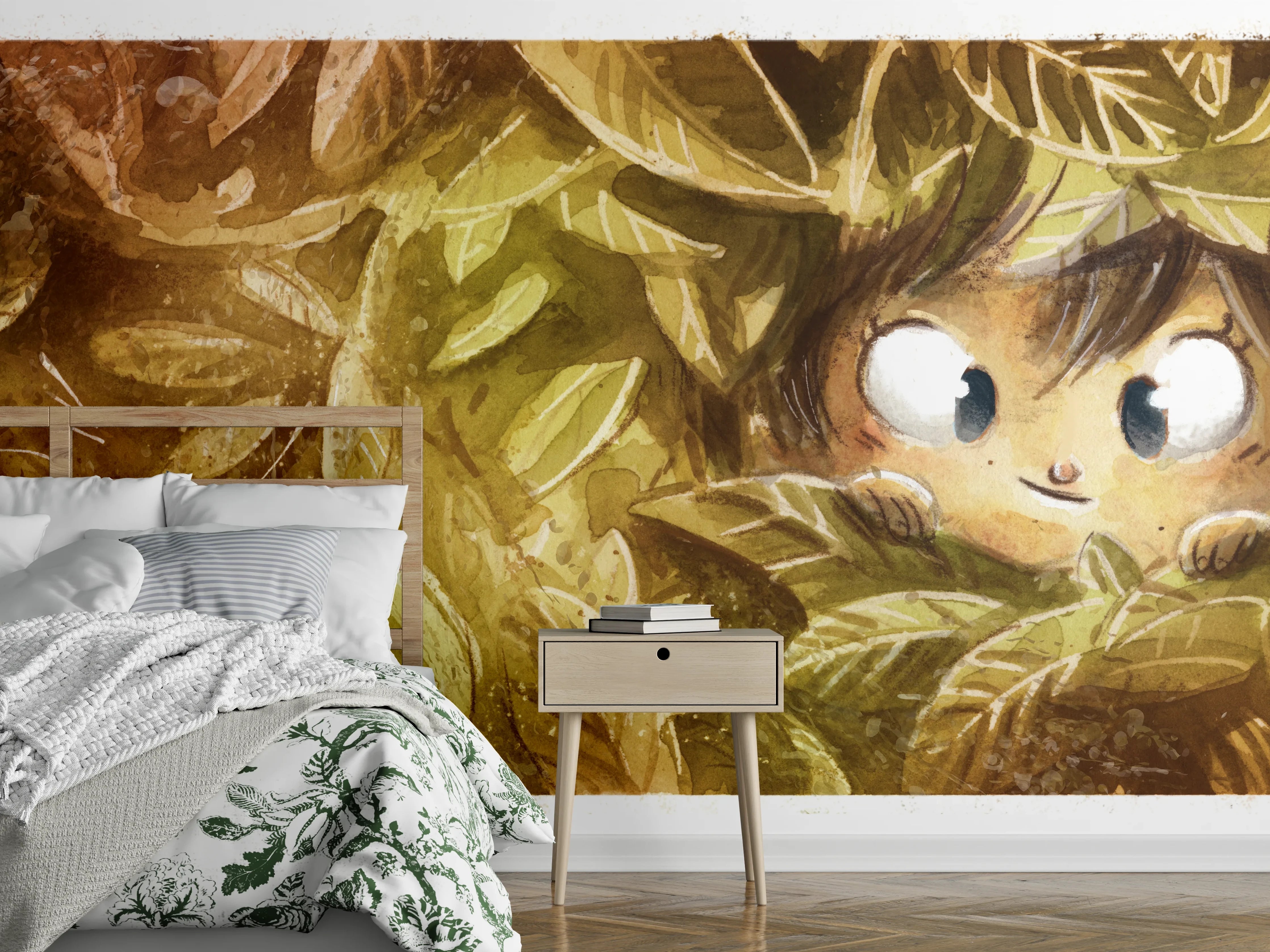 Wandverkleidung Schlafzimmer - Verspielte Kinder-Illustration im Blätterversteck