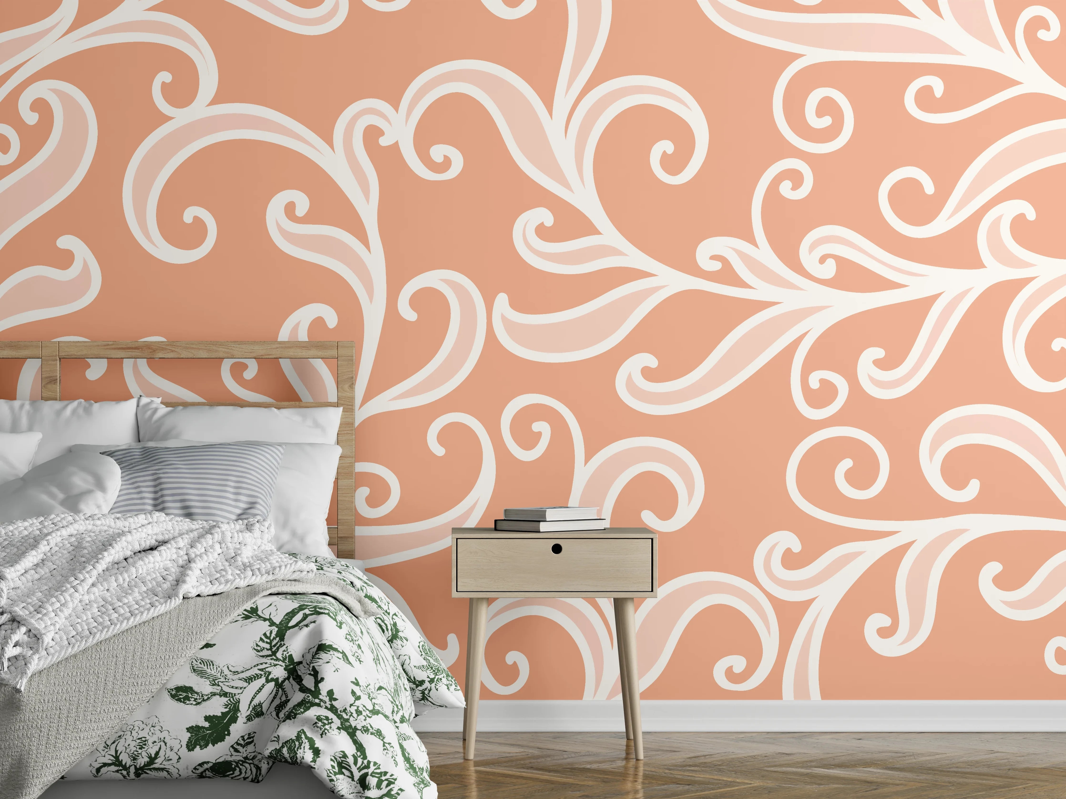 Wandverkleidung Schlafzimmer - Verspieltes Barock-Muster in warmem Apricot