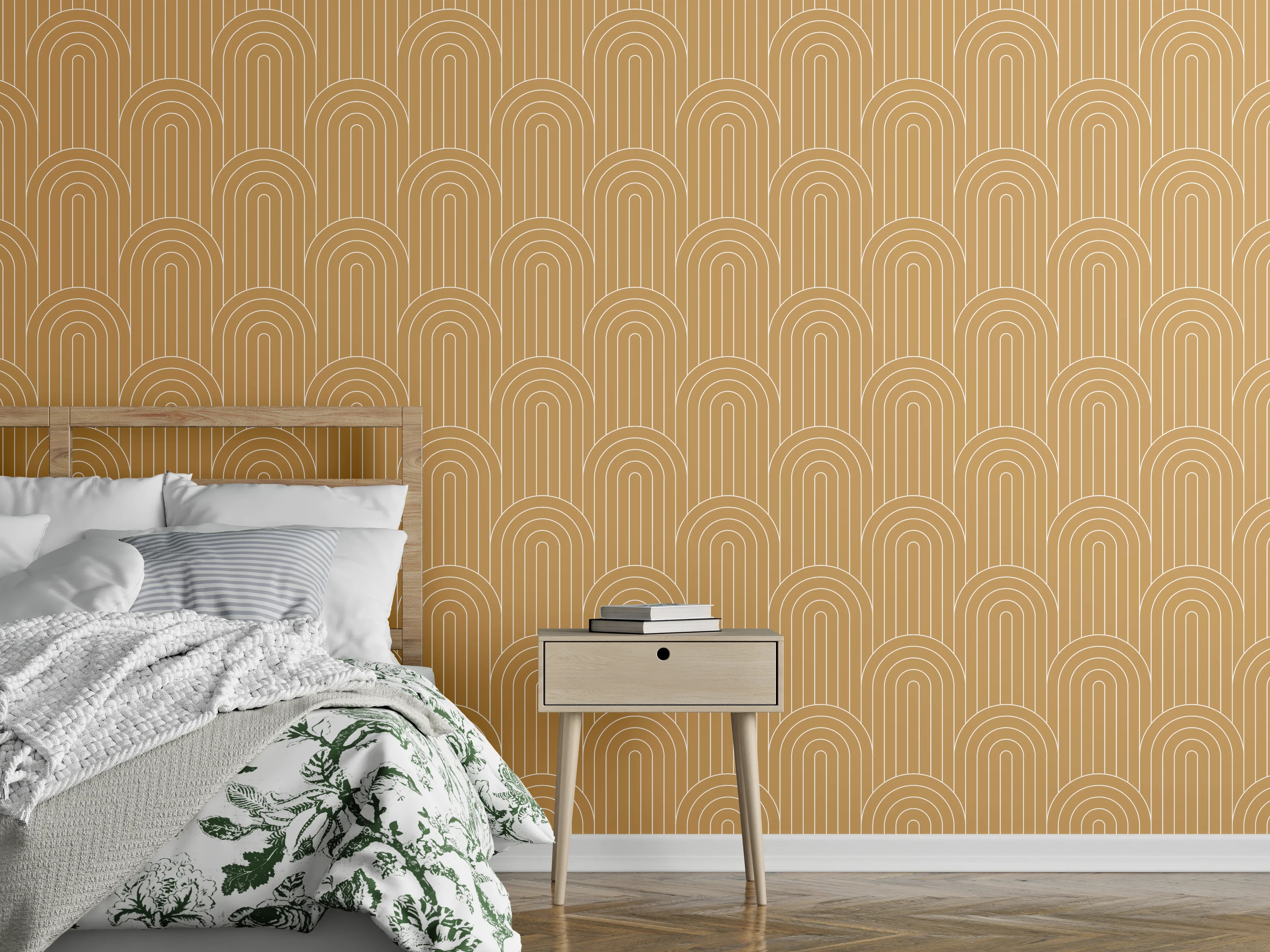 Wandverkleidung Schlafzimmer - Verspieltes Retro-Muster in warmem Beige