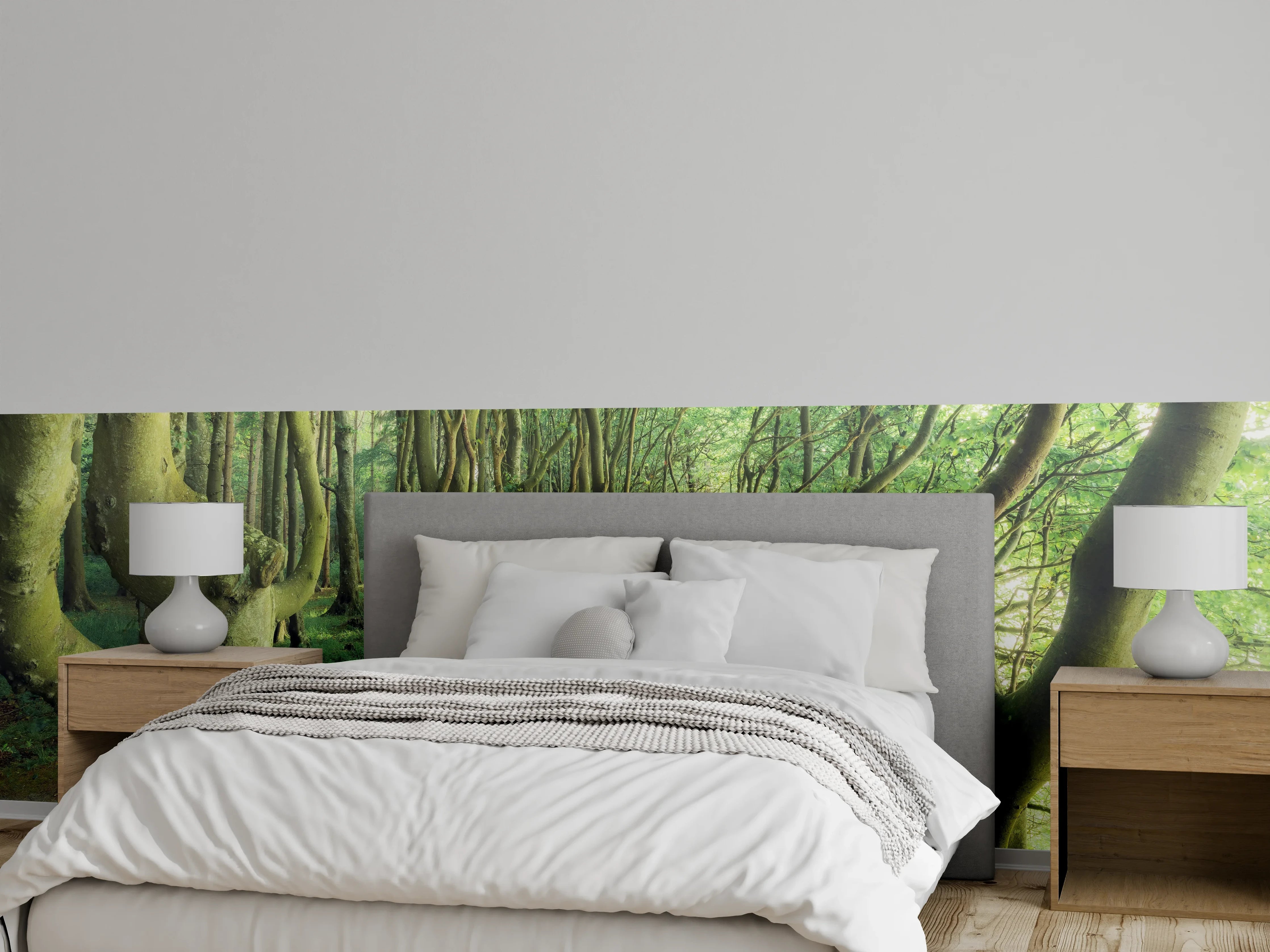 Wandverkleidung Schlafzimmer - Verträumter Wald im Morgenlicht