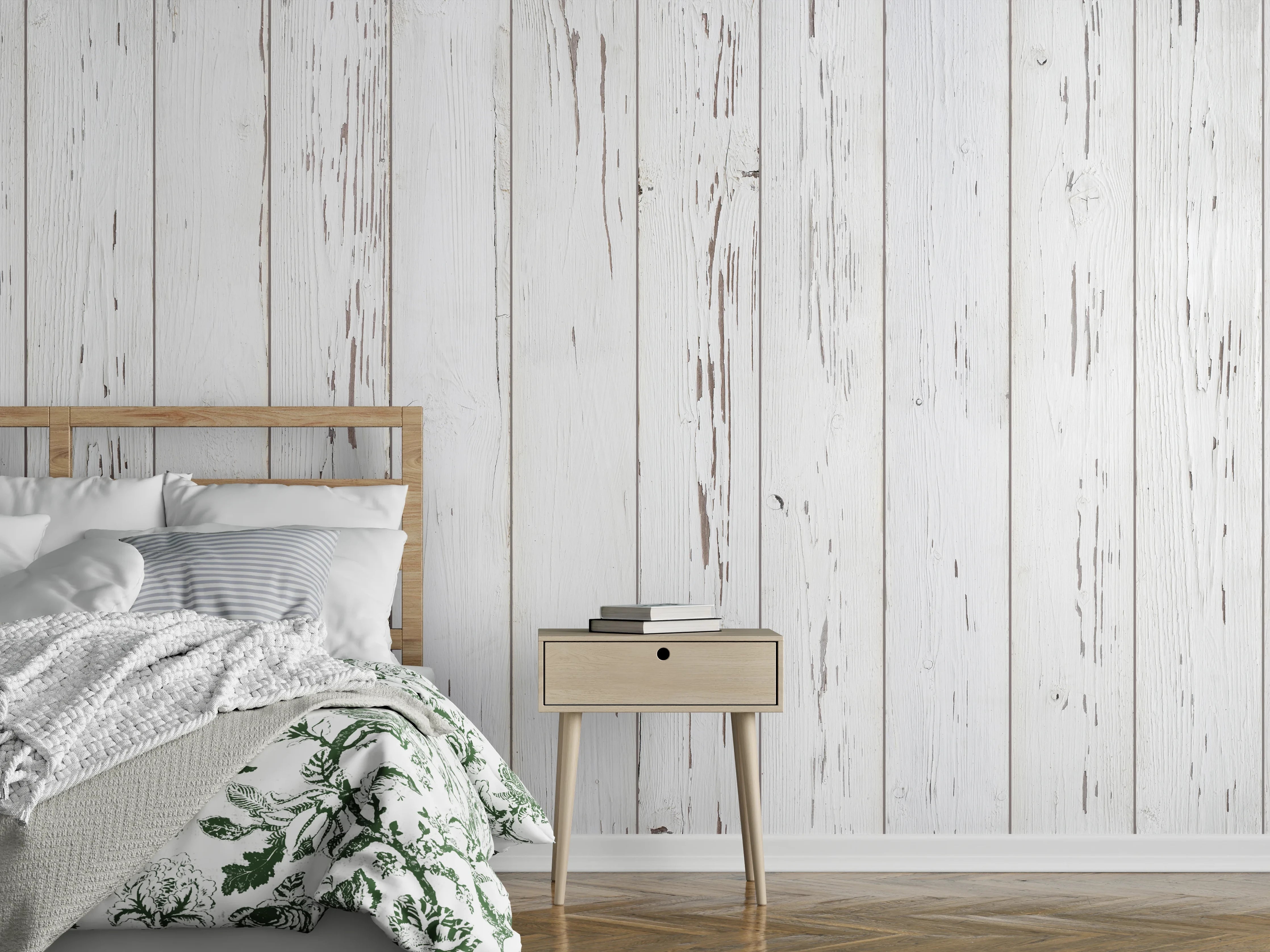 Wandverkleidung Schlafzimmer - Verwitterte weiße Holzdielen
