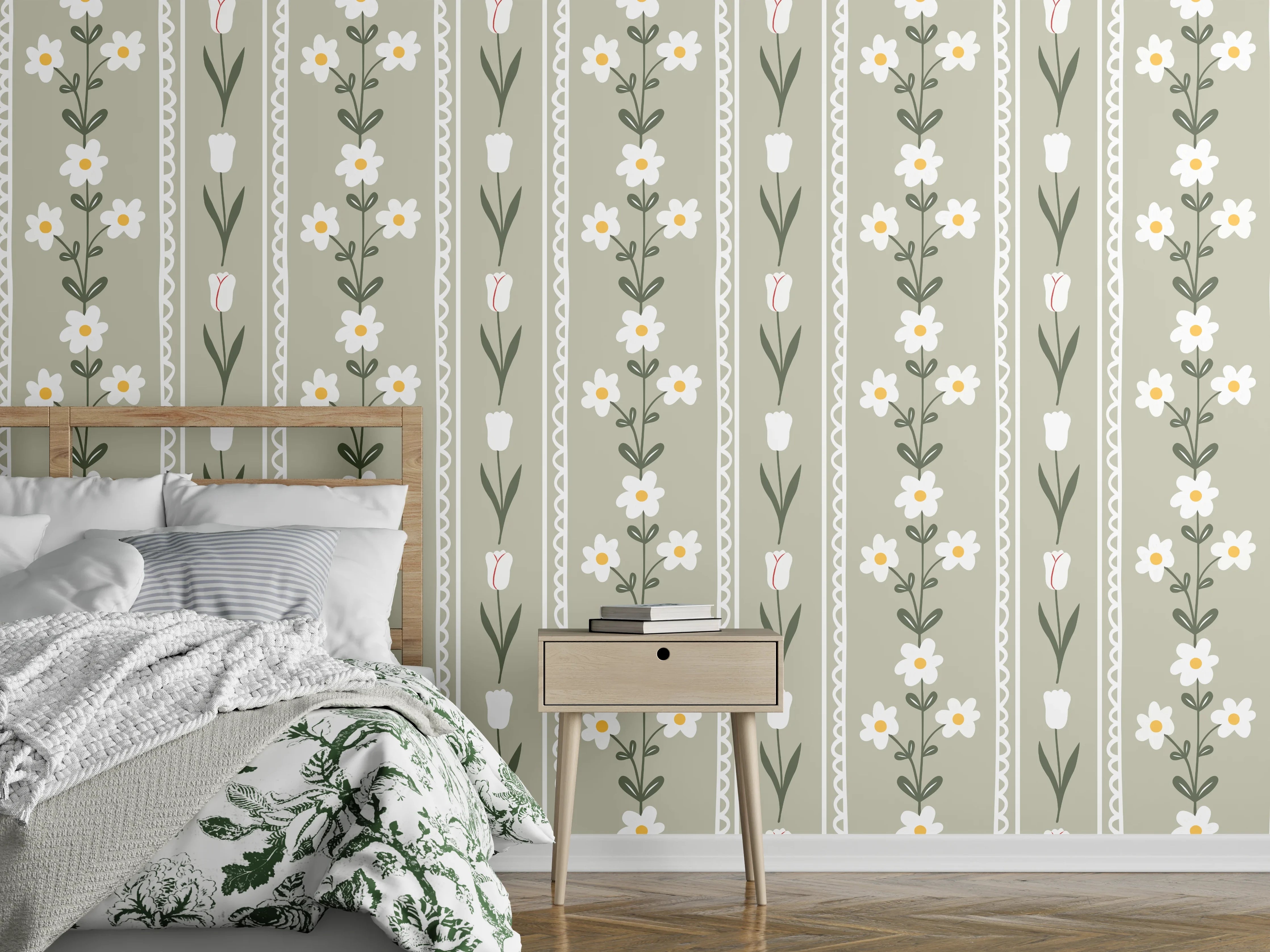 Wandverkleidung Schlafzimmer - Vintage Bloom Beige Blumen Tapete
