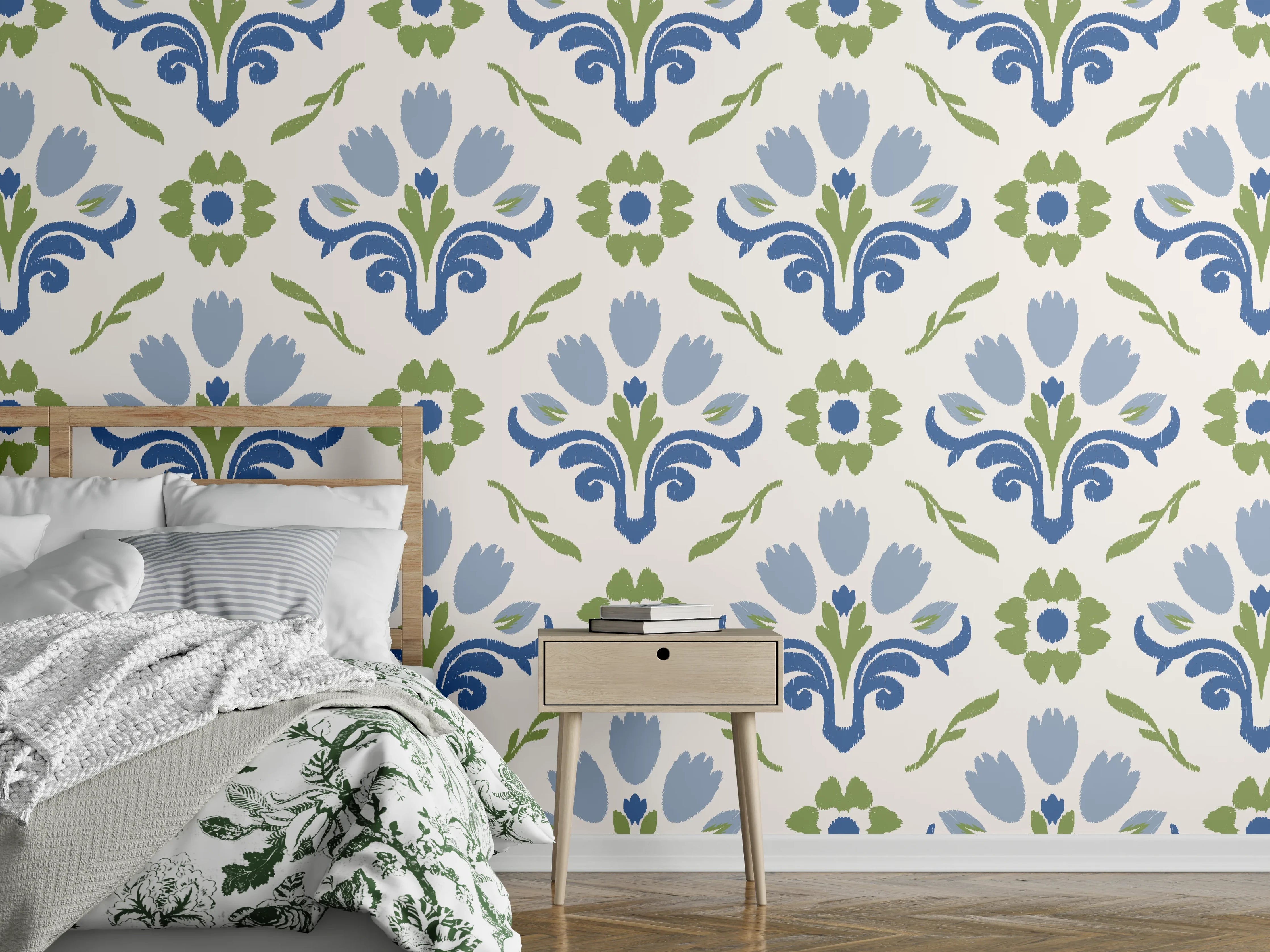 Wandverkleidung Schlafzimmer - Vintage Bloom Blau-Grün Tapete