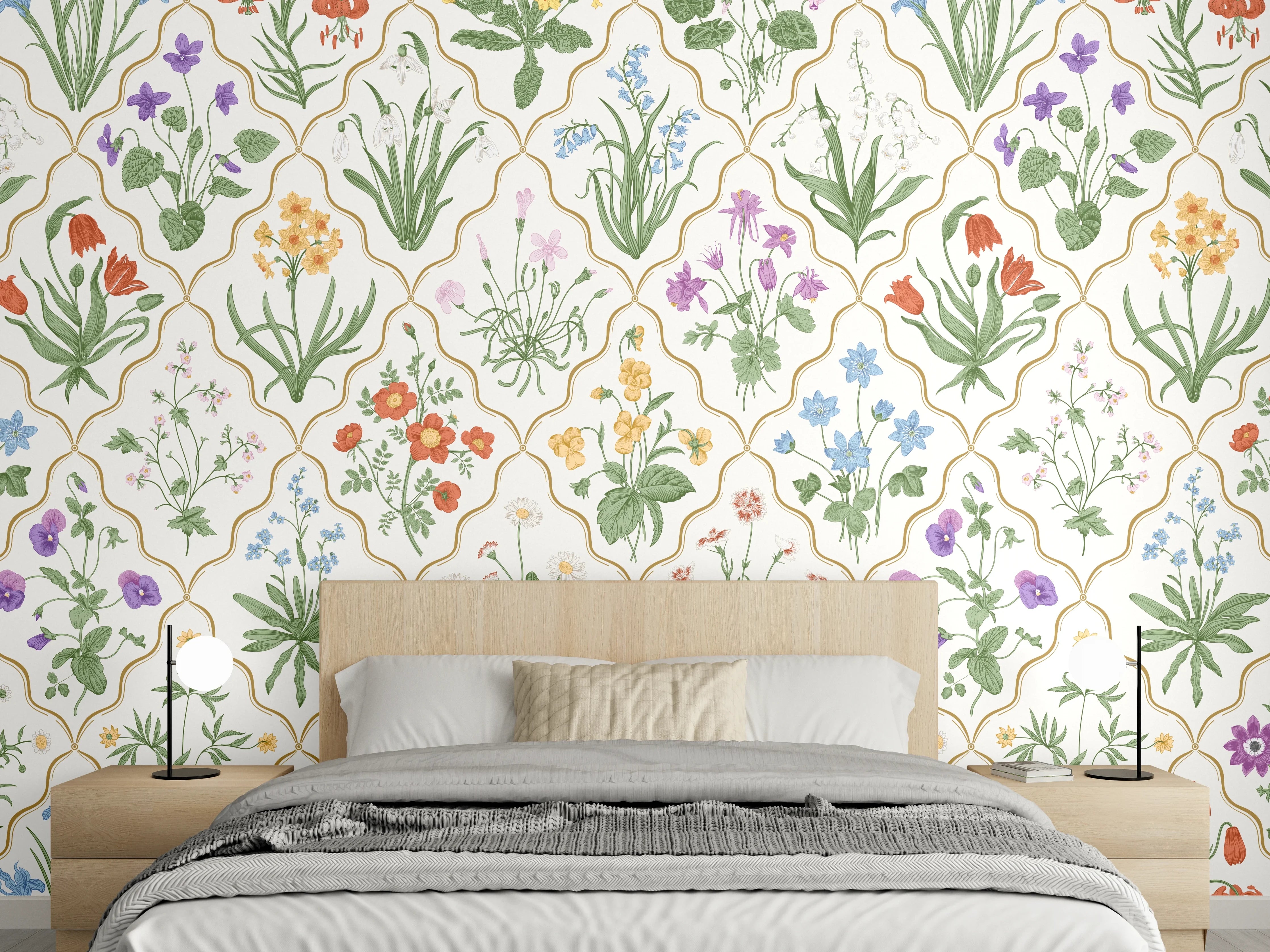 Wandverkleidung Schlafzimmer - Vintage Bloom Blumen-Tapete Beige-Grün