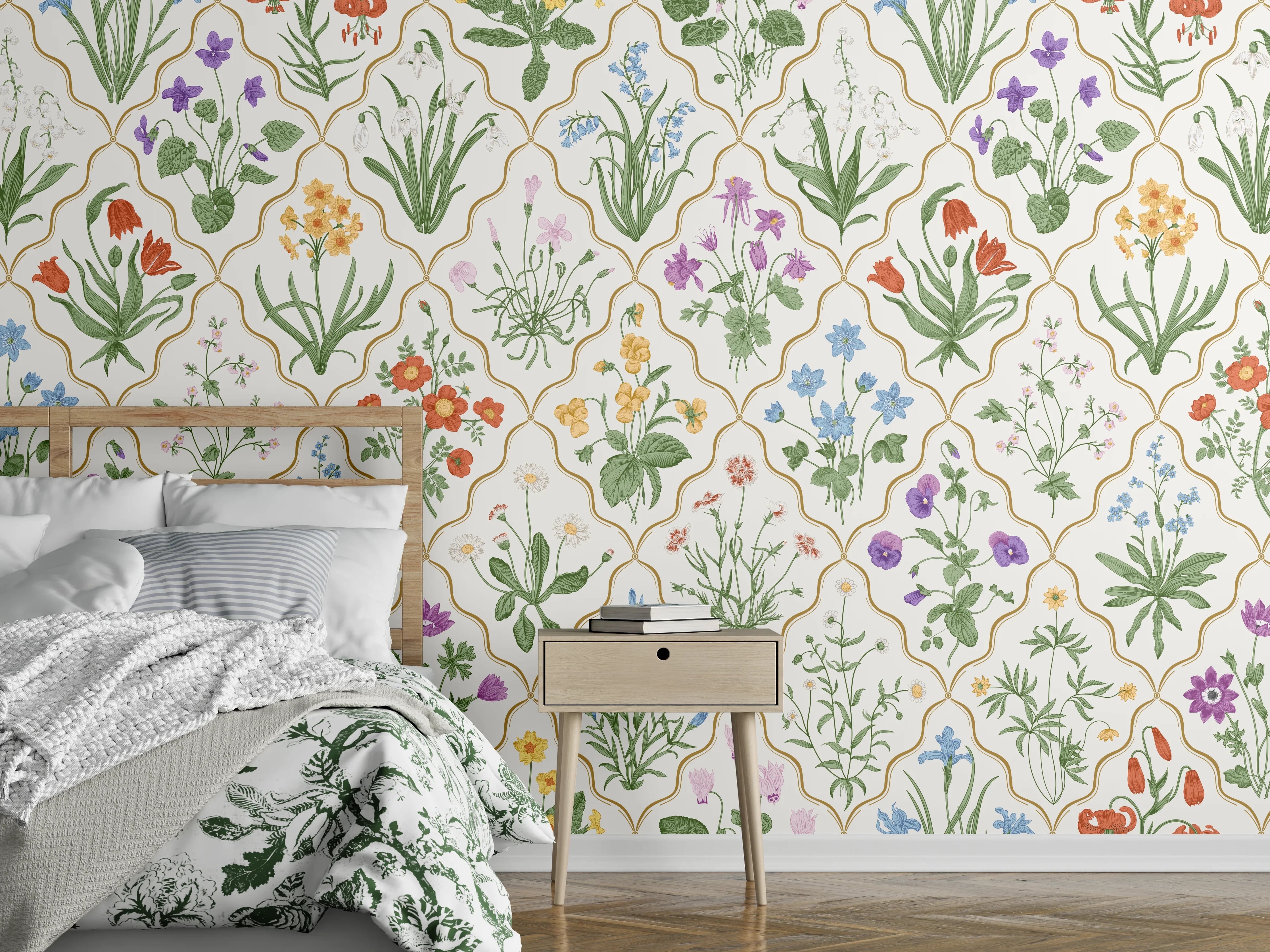 Wandverkleidung Schlafzimmer - Vintage Bloom Blumen-Tapete Beige-Grün