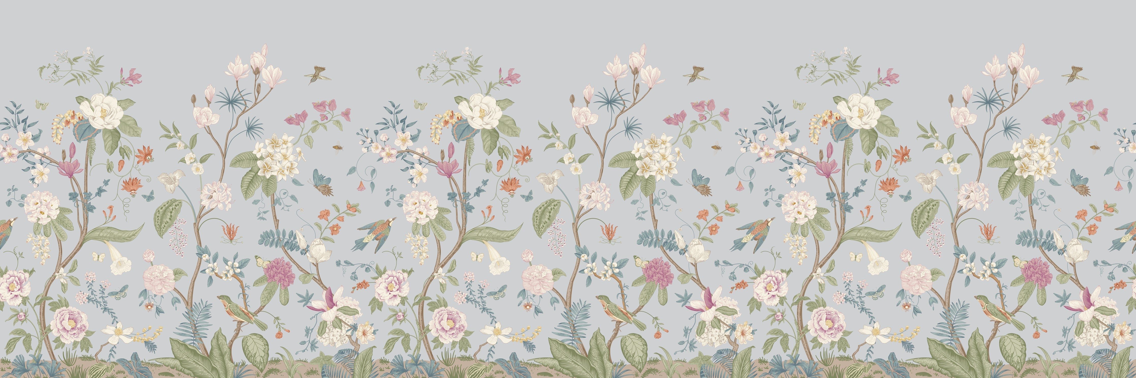 Wandverkleidung Schlafzimmer-Vintage Bloom Blumenbordüre Grau-Rosa