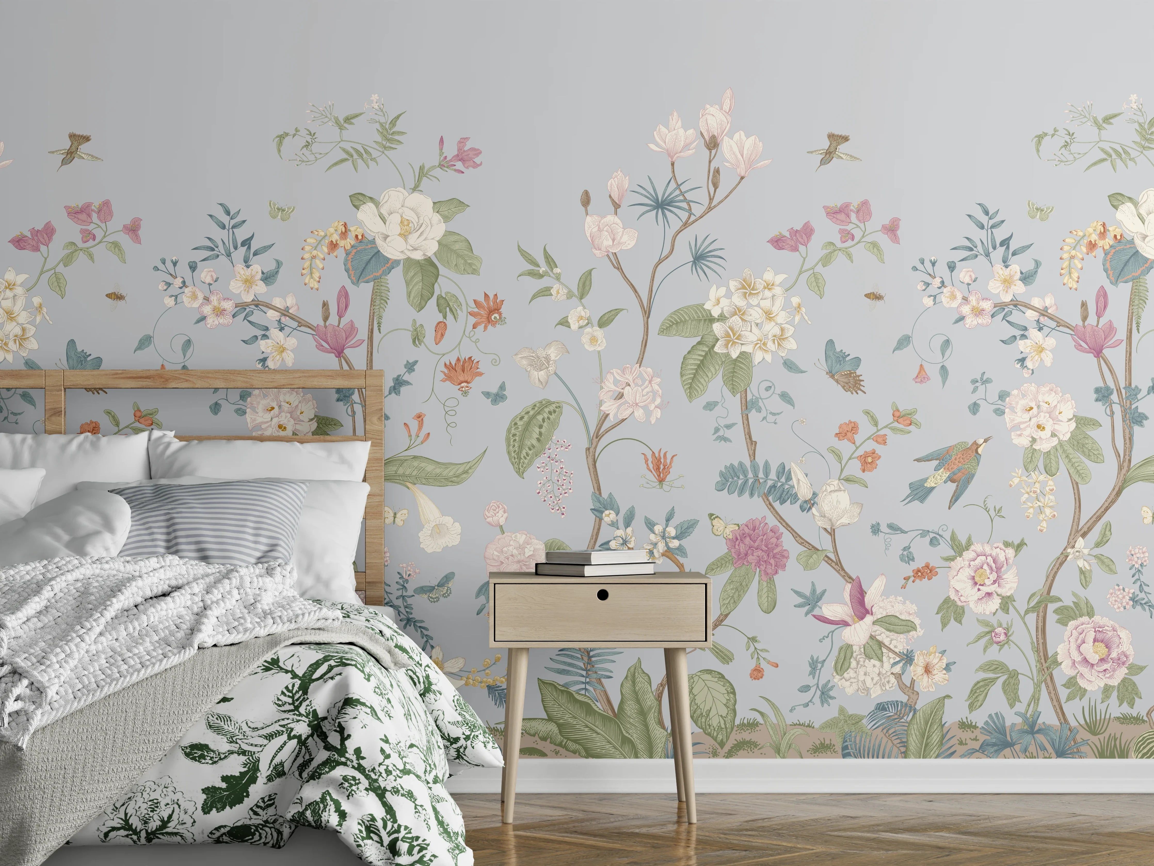 Wandverkleidung Schlafzimmer - Vintage Bloom Blumenbordüre Grau-Rosa