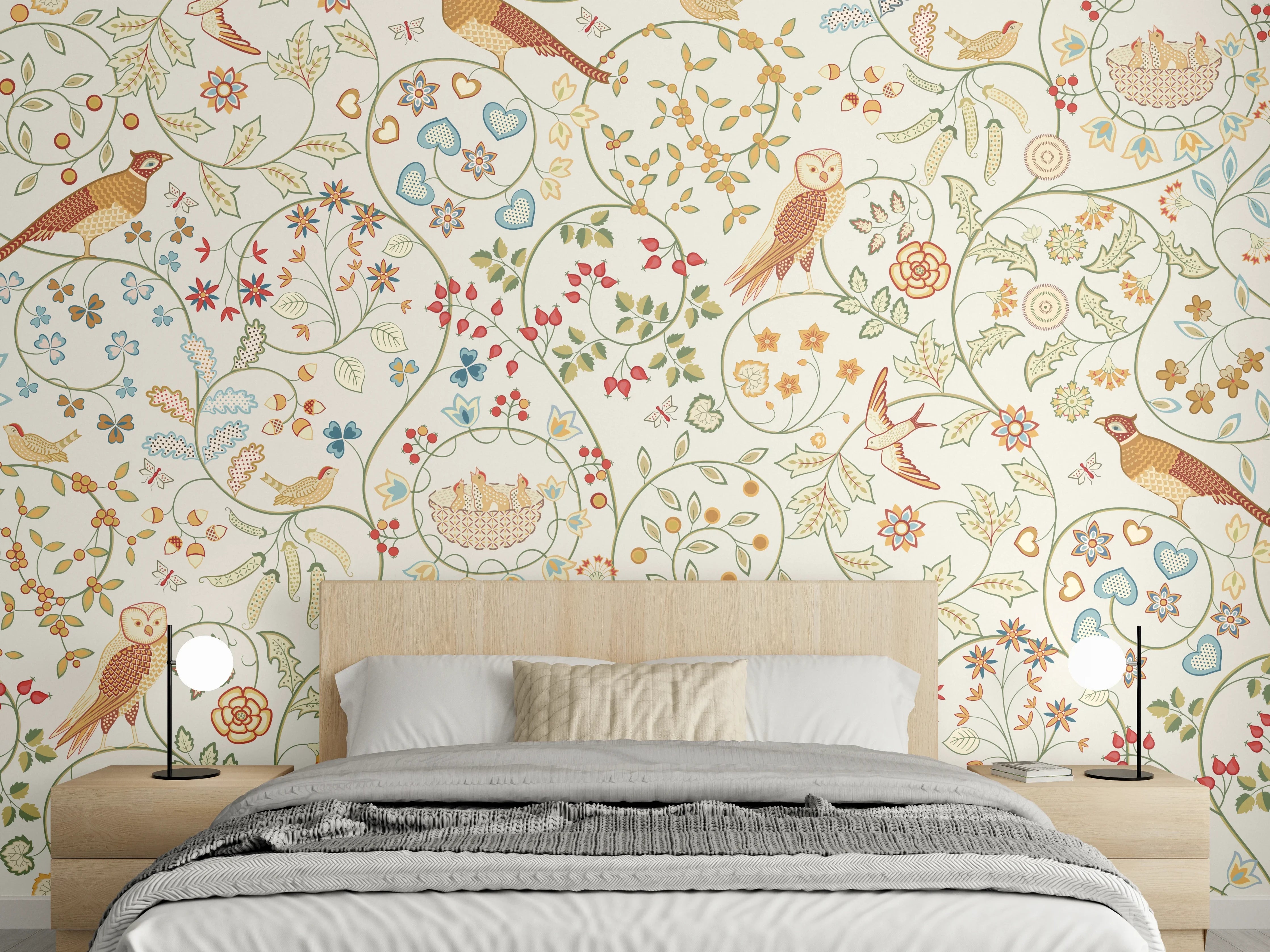 Wandverkleidung Schlafzimmer - Vintage Bloom Blumenmuster Beige