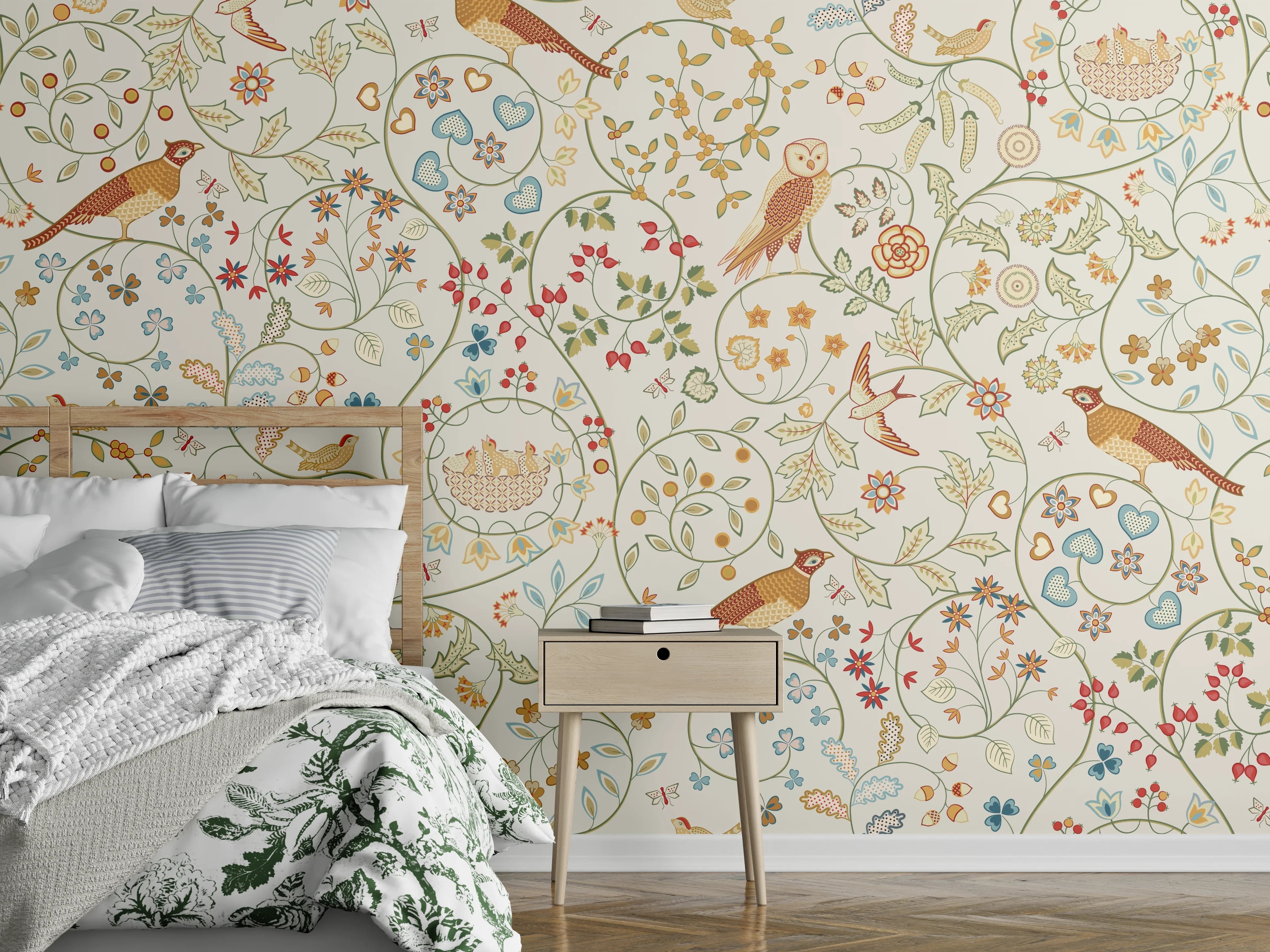 Wandverkleidung Schlafzimmer - Vintage Bloom Blumenmuster Beige
