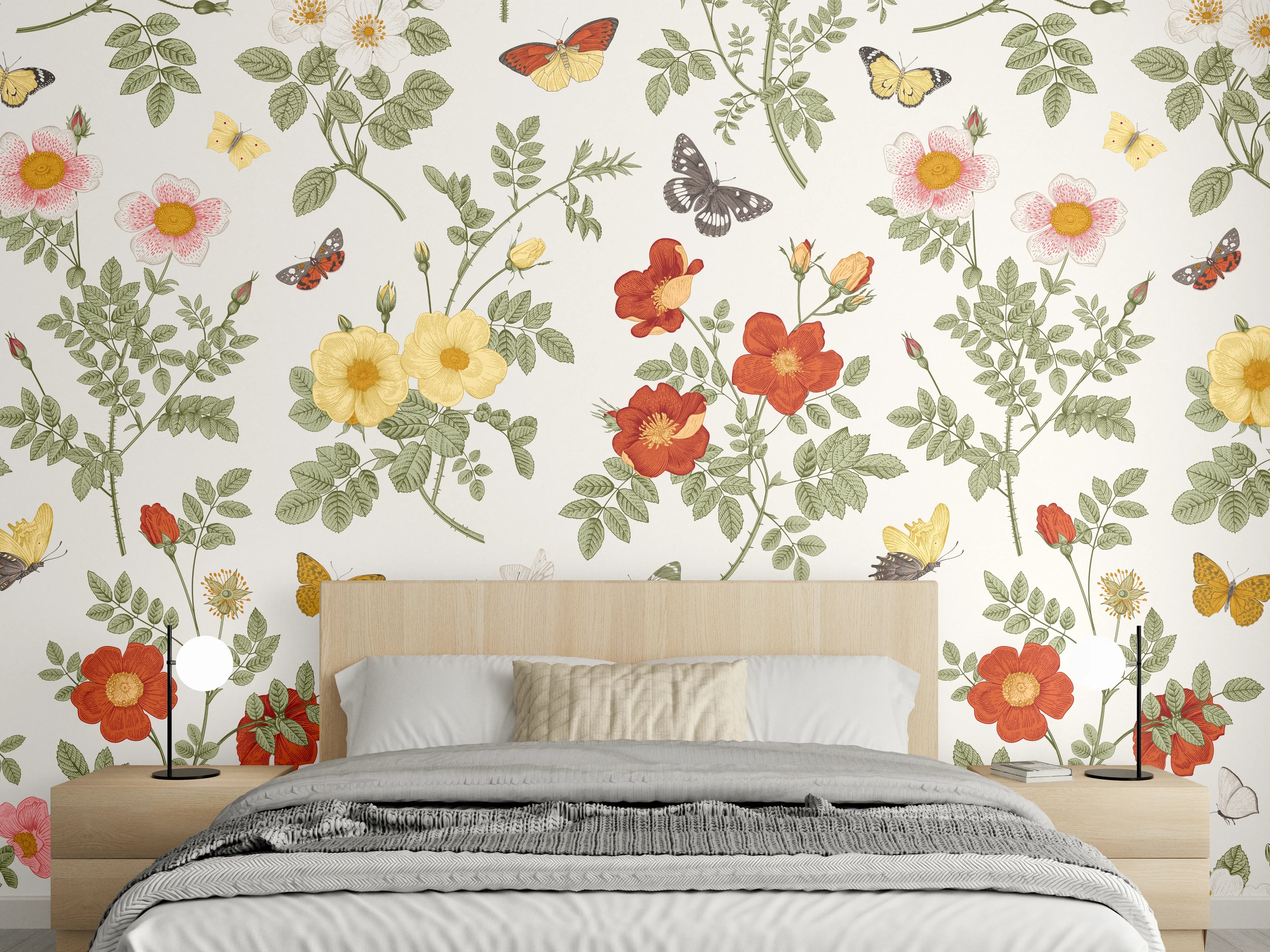 Wandverkleidung Schlafzimmer - Vintage Bloom Blumenmuster Rosa-Beige