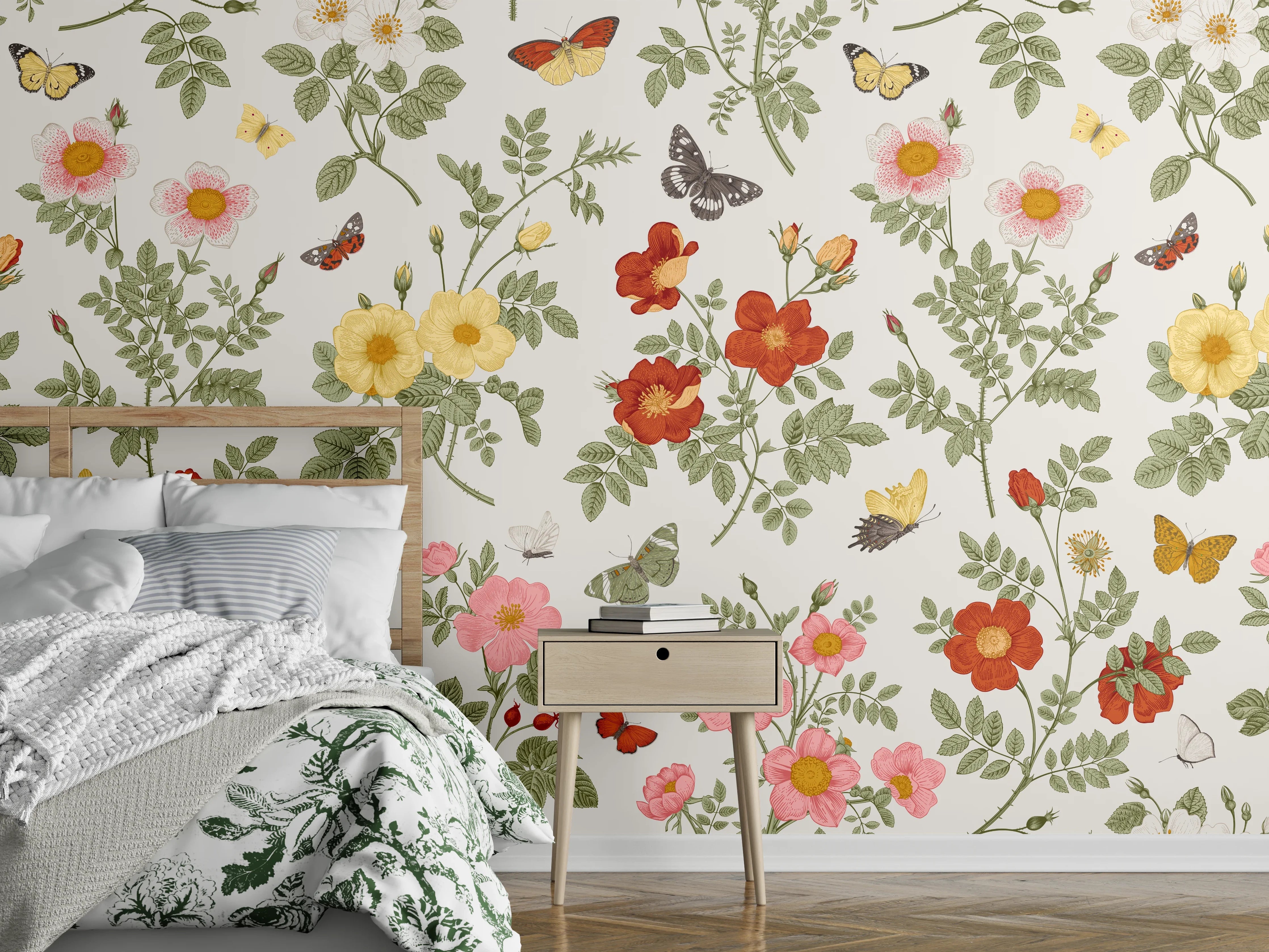 Wandverkleidung Schlafzimmer - Vintage Bloom Blumenmuster Rosa-Beige