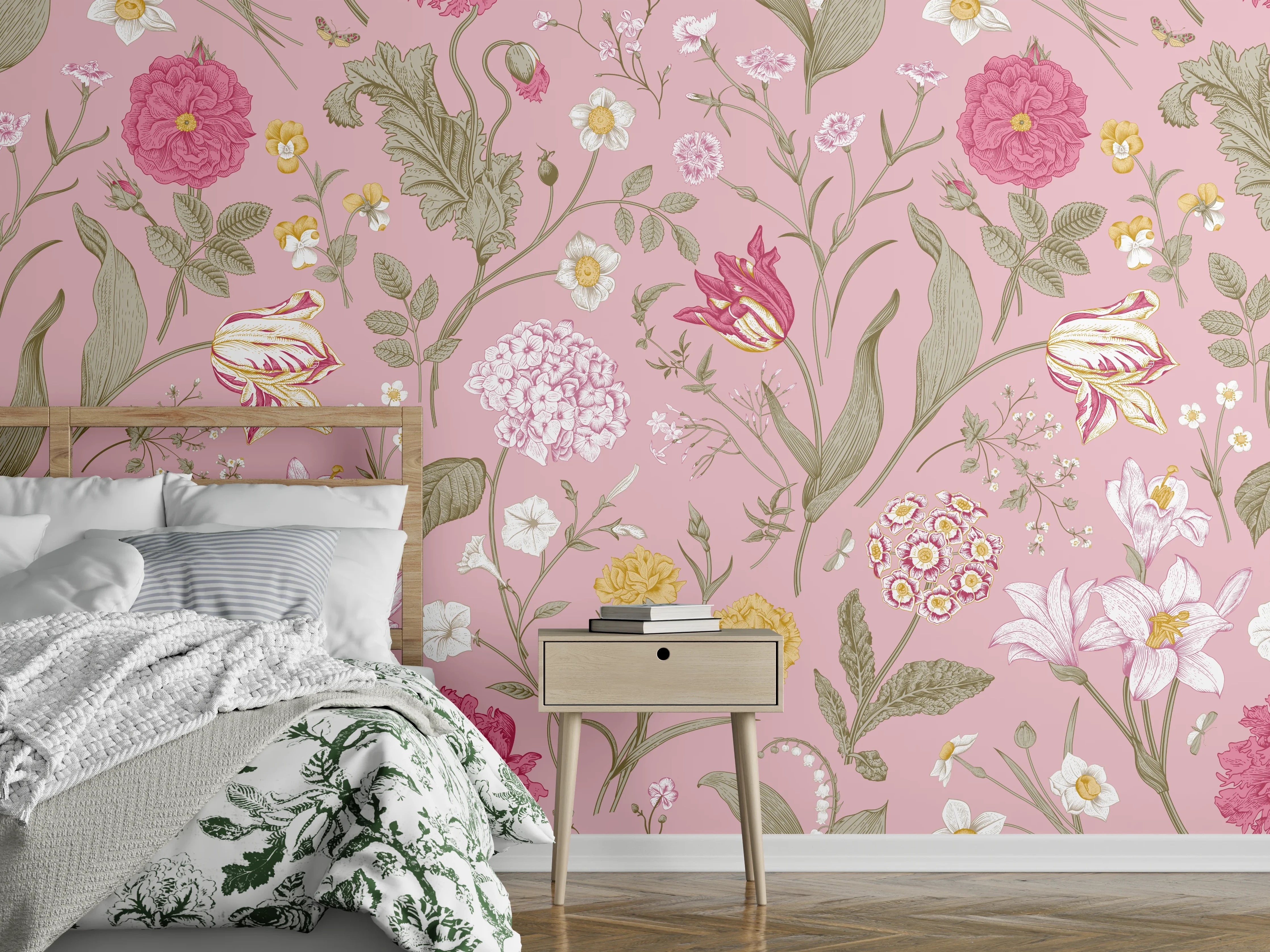 Wandverkleidung Schlafzimmer - Vintage Bloom Rosa Blumenmuster