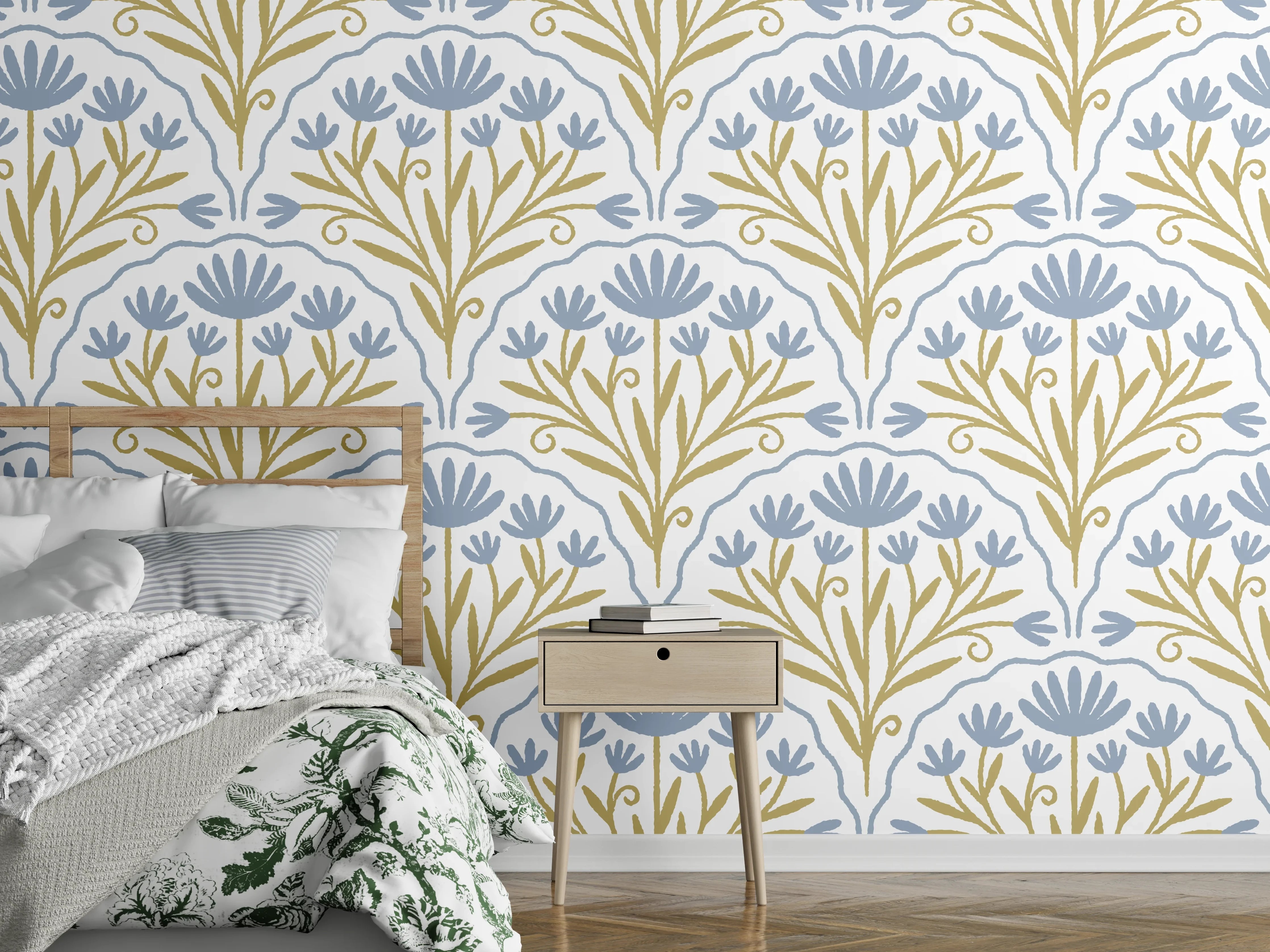 Wandverkleidung Schlafzimmer - Vintage Bloom Tapete Blau-Weiß