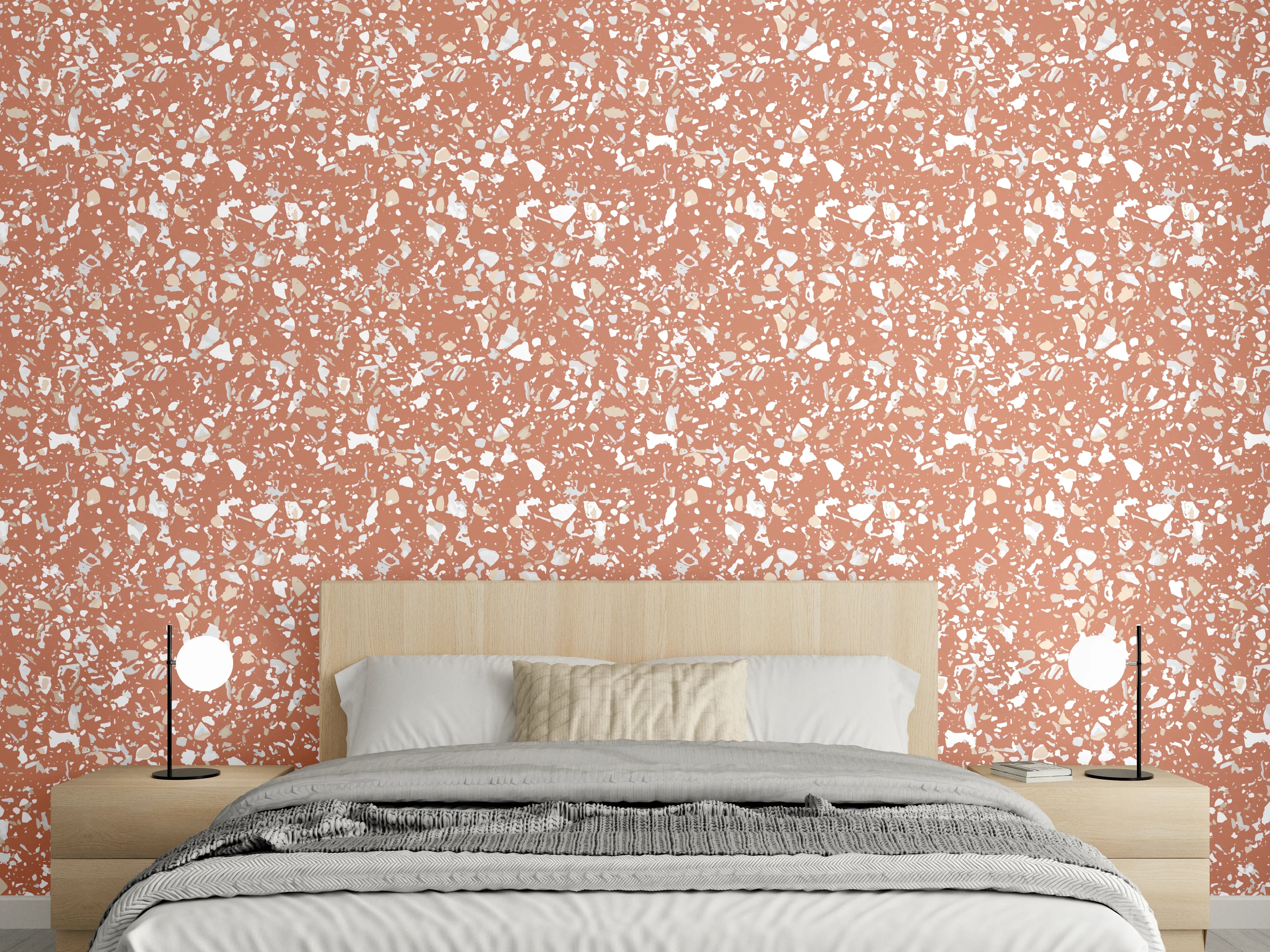 Wandverkleidung Schlafzimmer - Vintage Blümchenmuster Ziegelrot auf Weiß