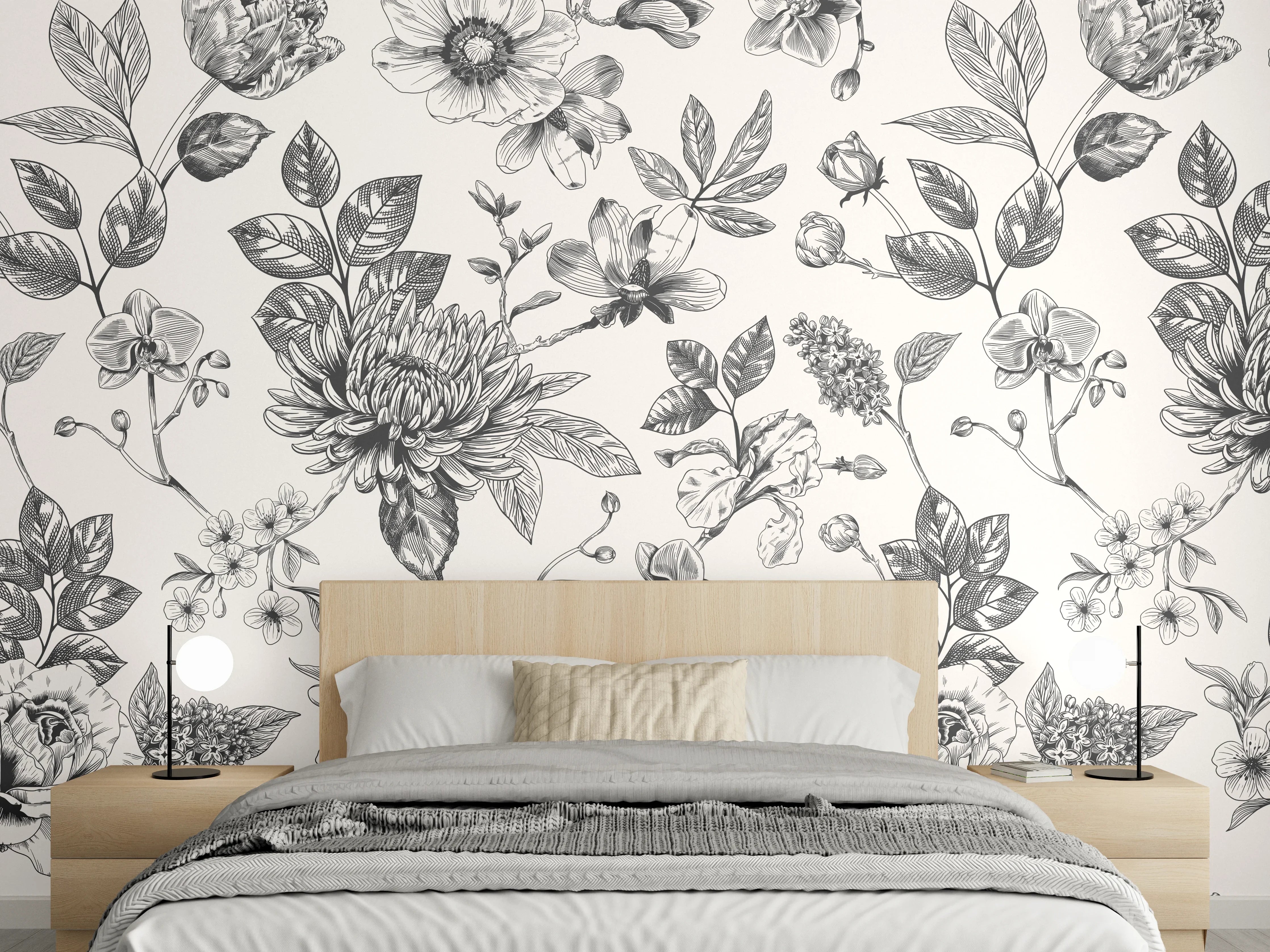 Wandverkleidung Schlafzimmer - Vintage-Blumen Schwarz-Weiß