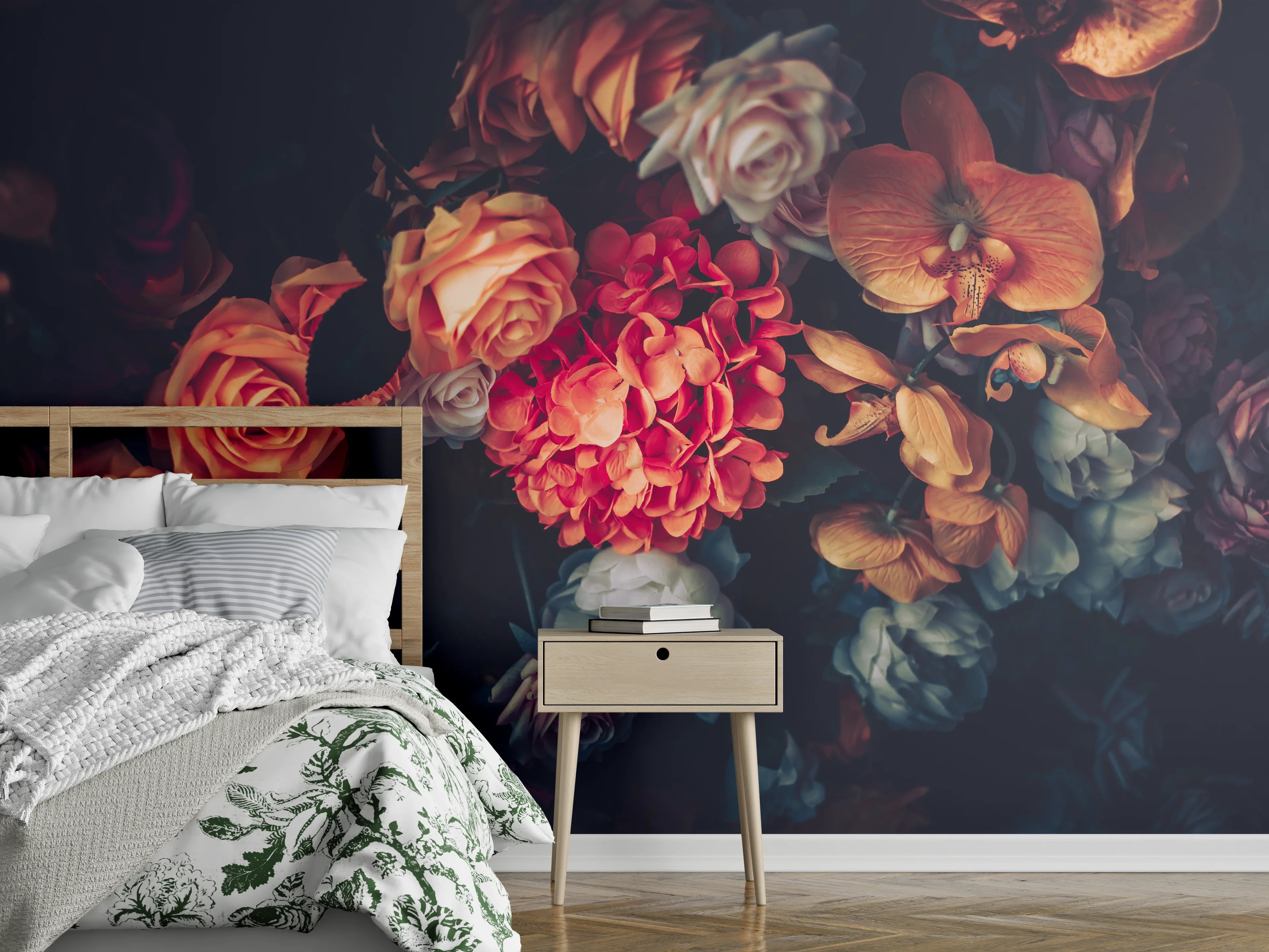 Wandverkleidung Schlafzimmer - Vintage Blumen Stillleben Wandbild
