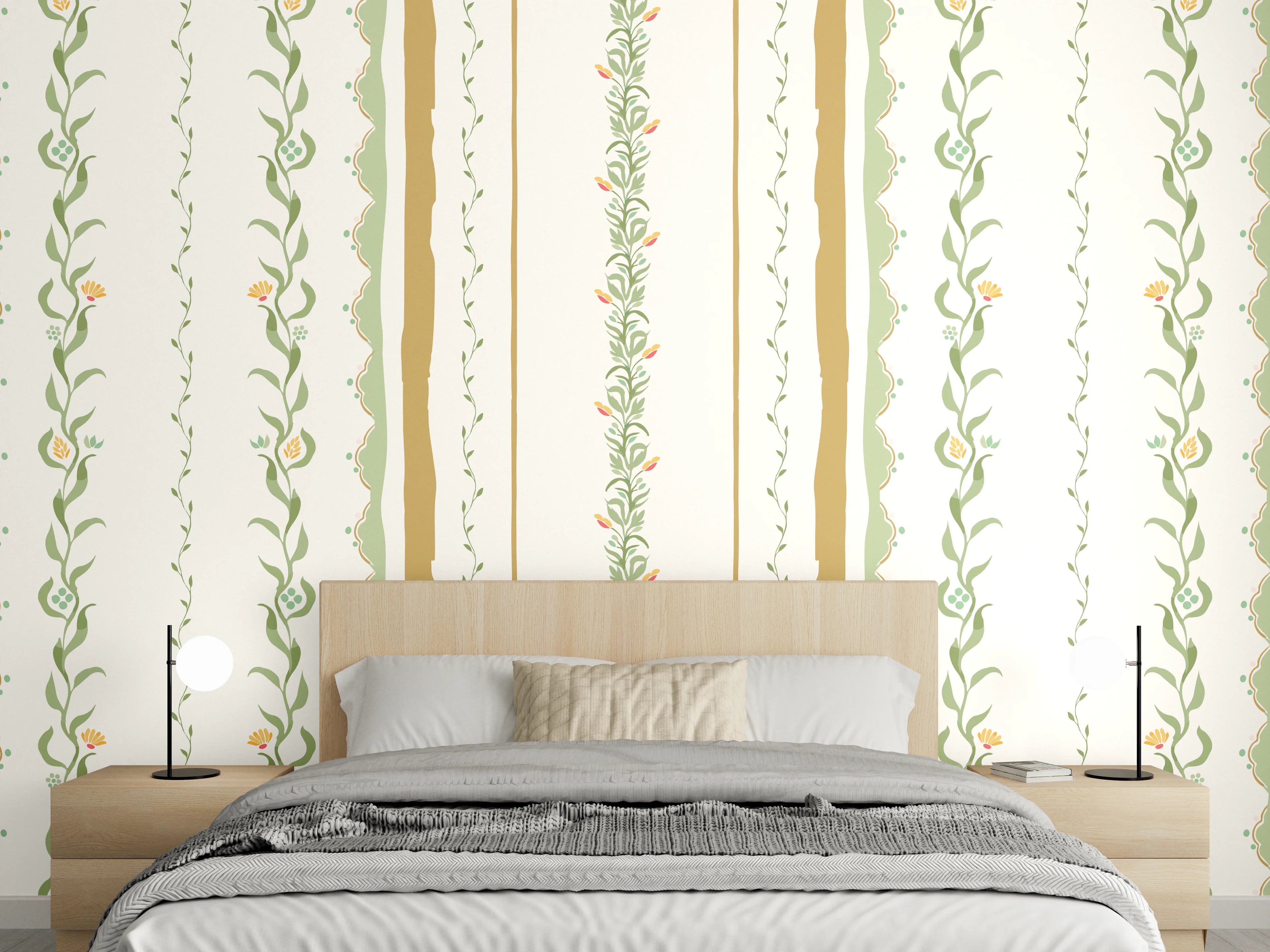 Wandverkleidung Schlafzimmer - Vintage-Blumen Tapete Beige-Grün