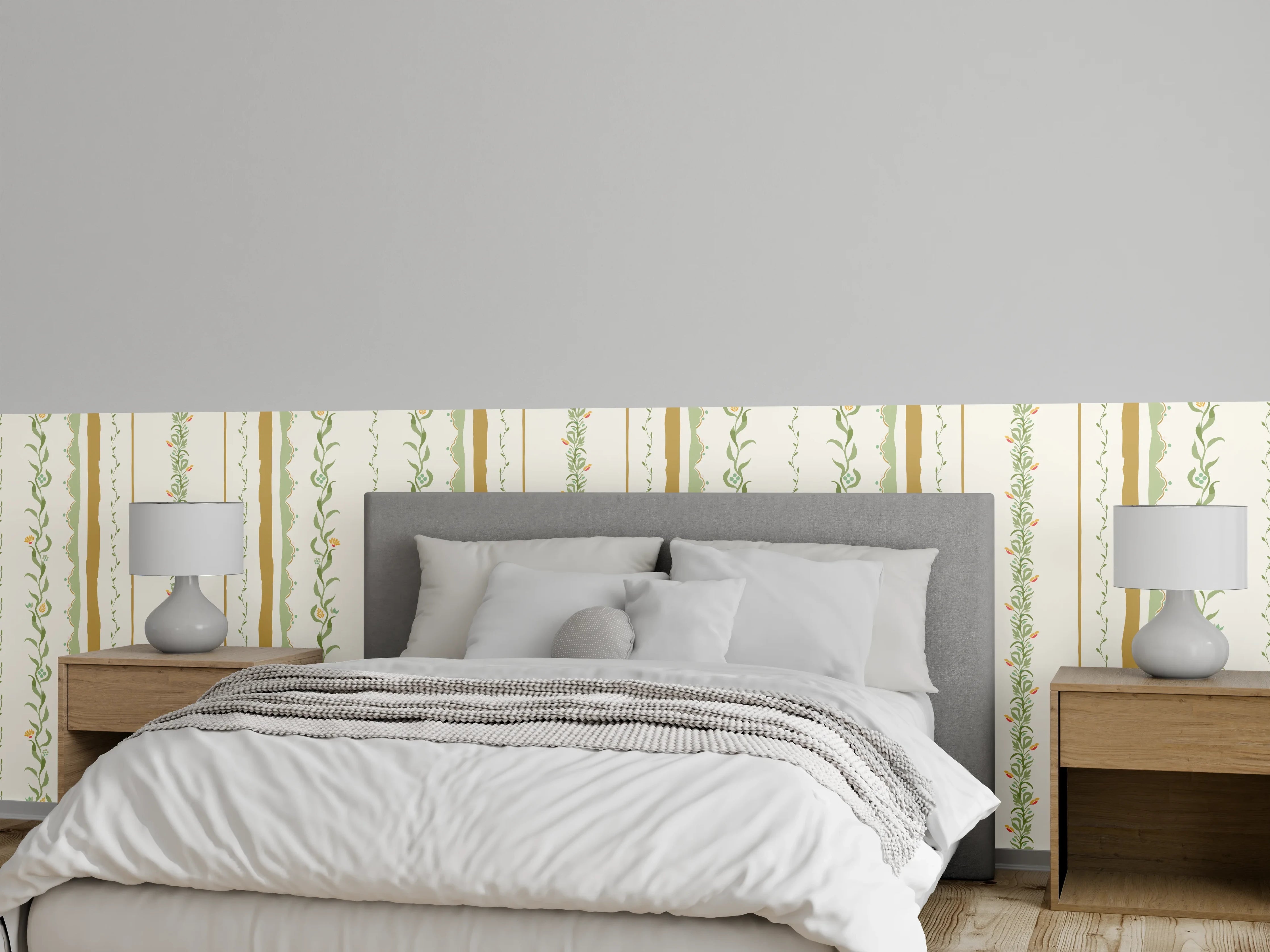 Wandverkleidung Schlafzimmer - Vintage-Blumen Tapete Beige-Grün