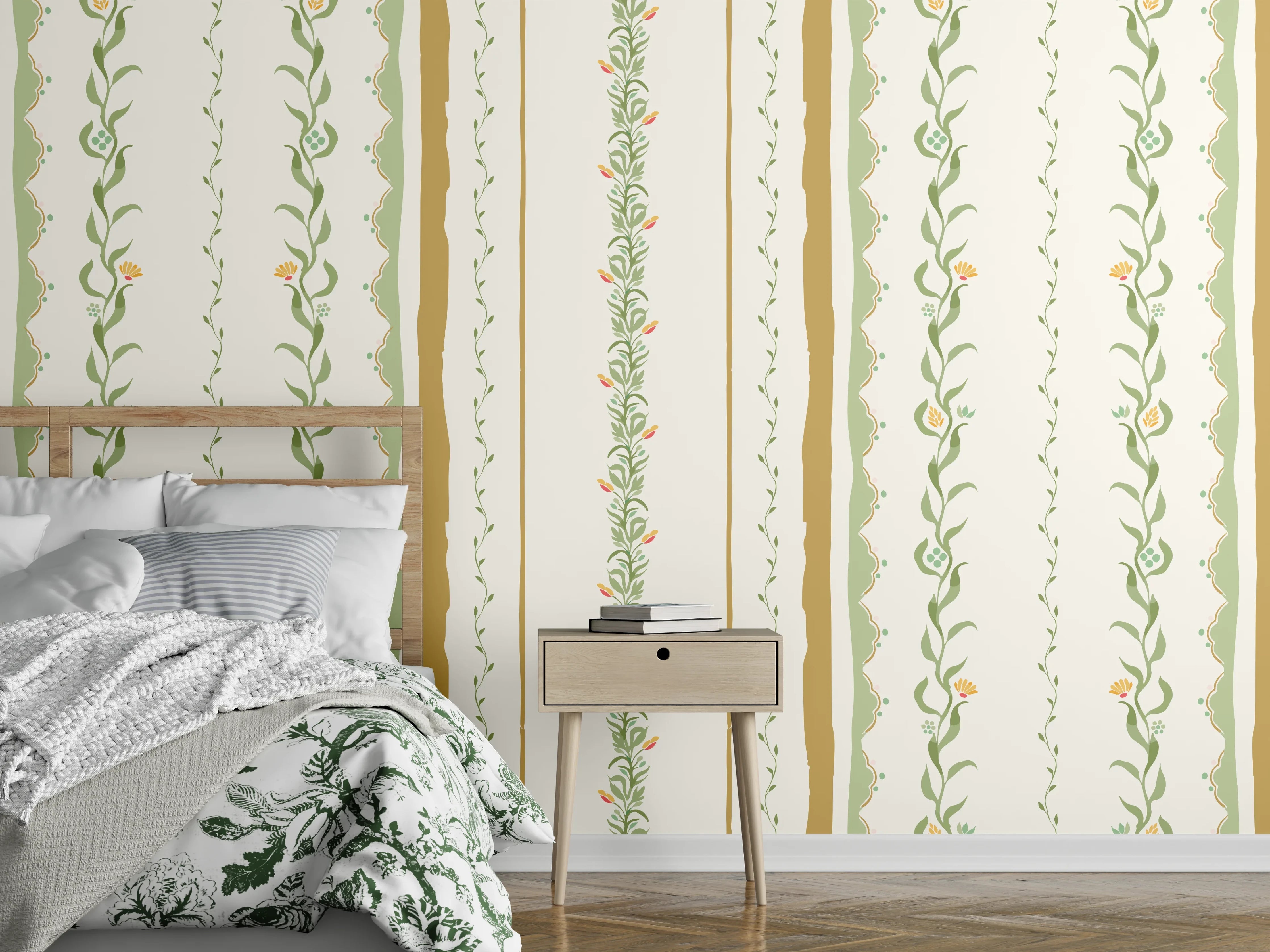 Wandverkleidung Schlafzimmer - Vintage-Blumen Tapete Beige-Grün