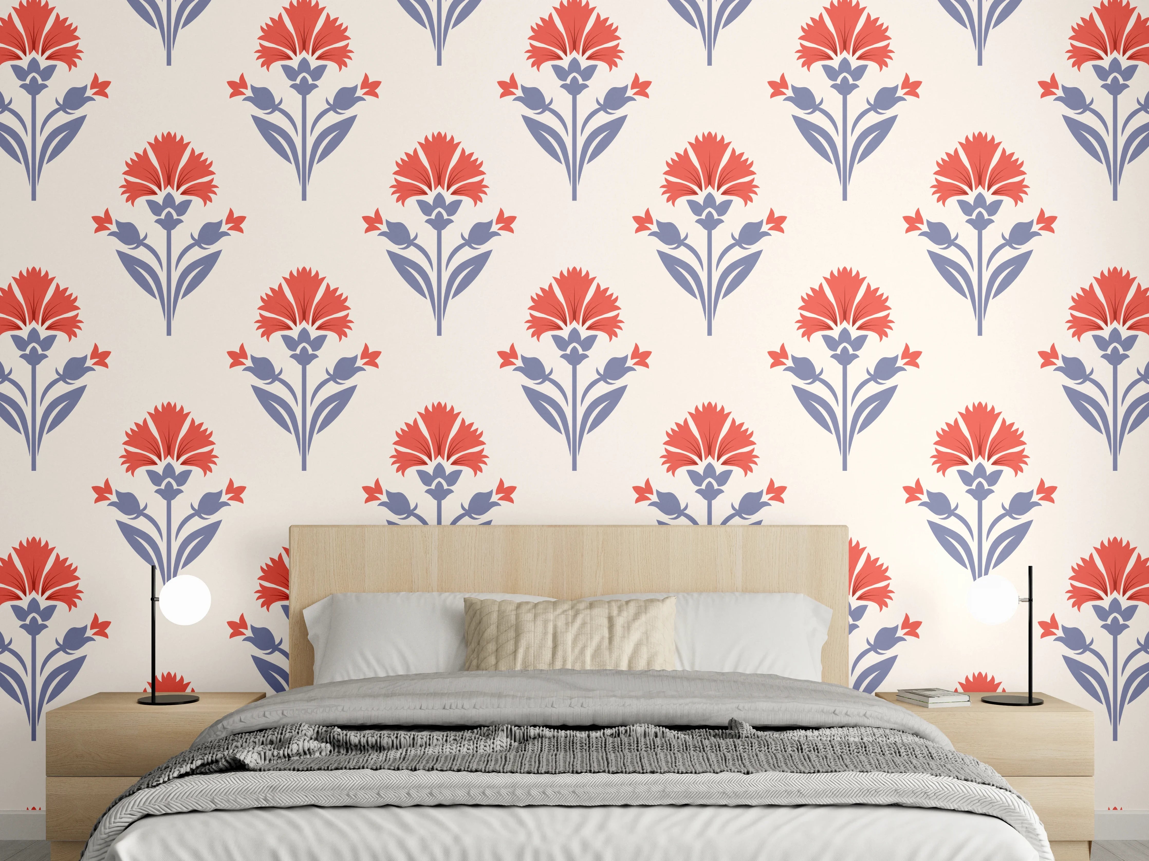 Wandverkleidung Schlafzimmer - Vintage Blumen Tapete Beige-Rot
