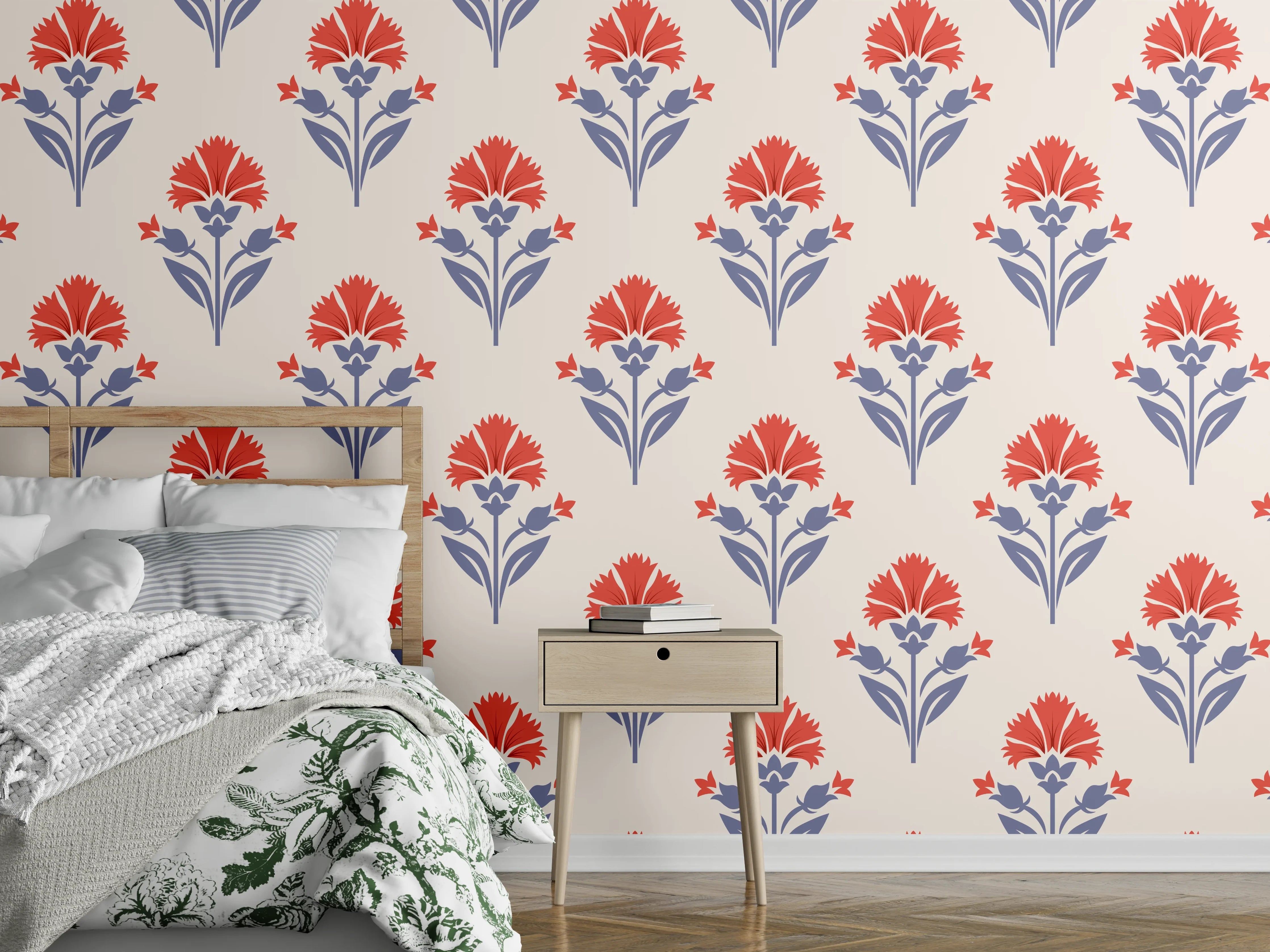 Wandverkleidung Schlafzimmer - Vintage Blumen Tapete Beige-Rot