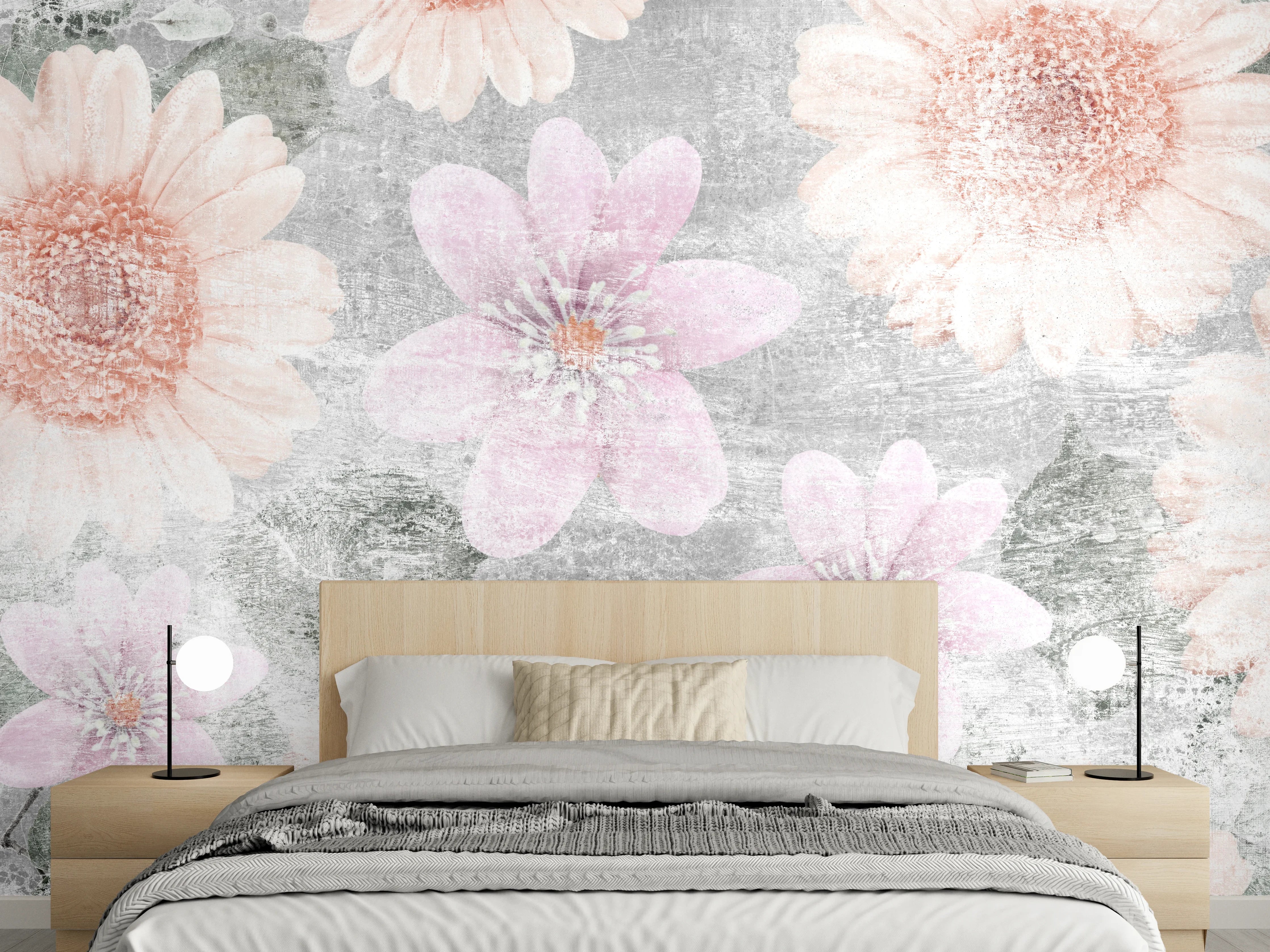 Wandverkleidung Schlafzimmer - Vintage Blumenkunst  - Zeichnung