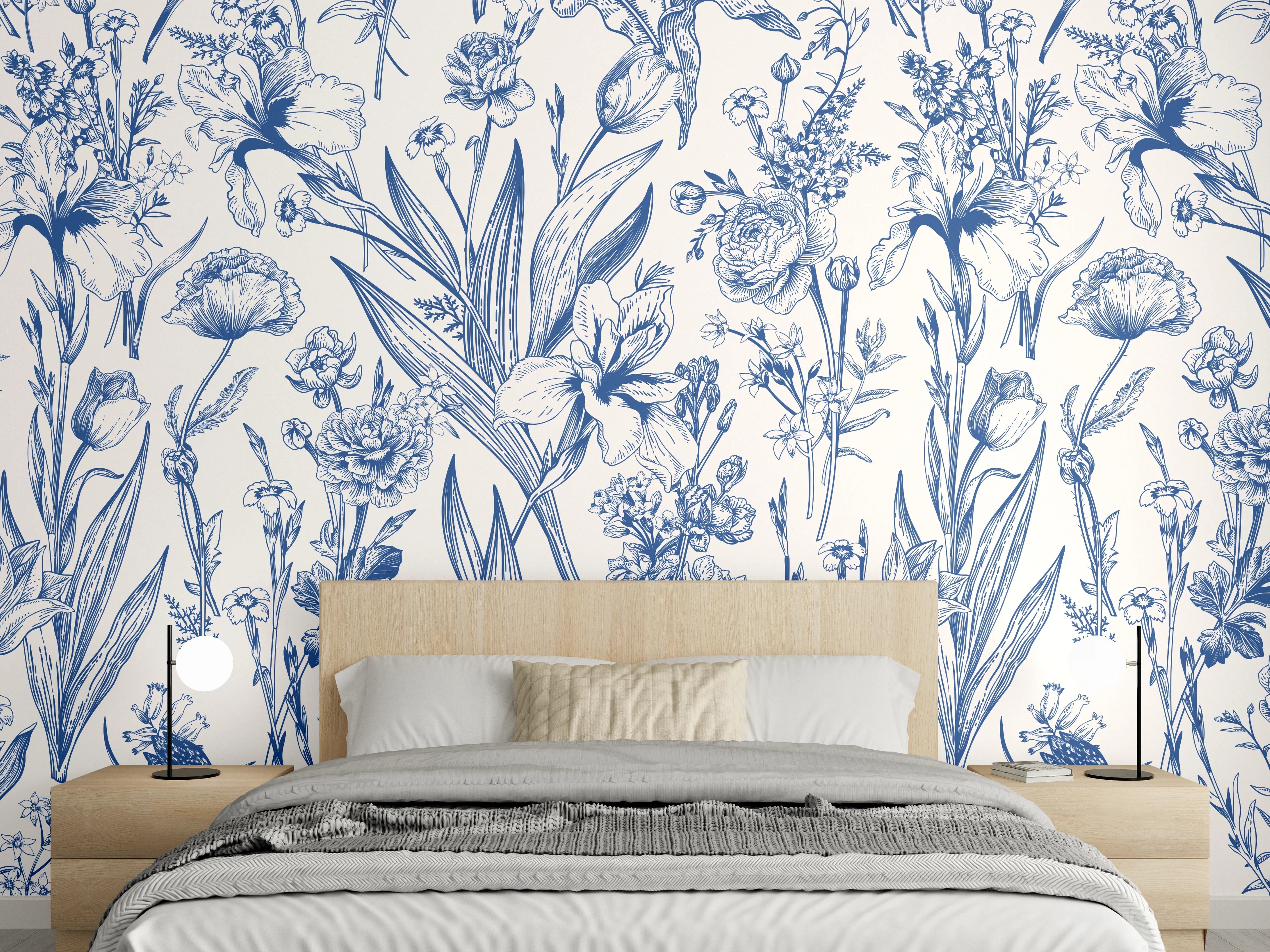 Wandverkleidung Schlafzimmer - Vintage-Blumenmuster Azurblau