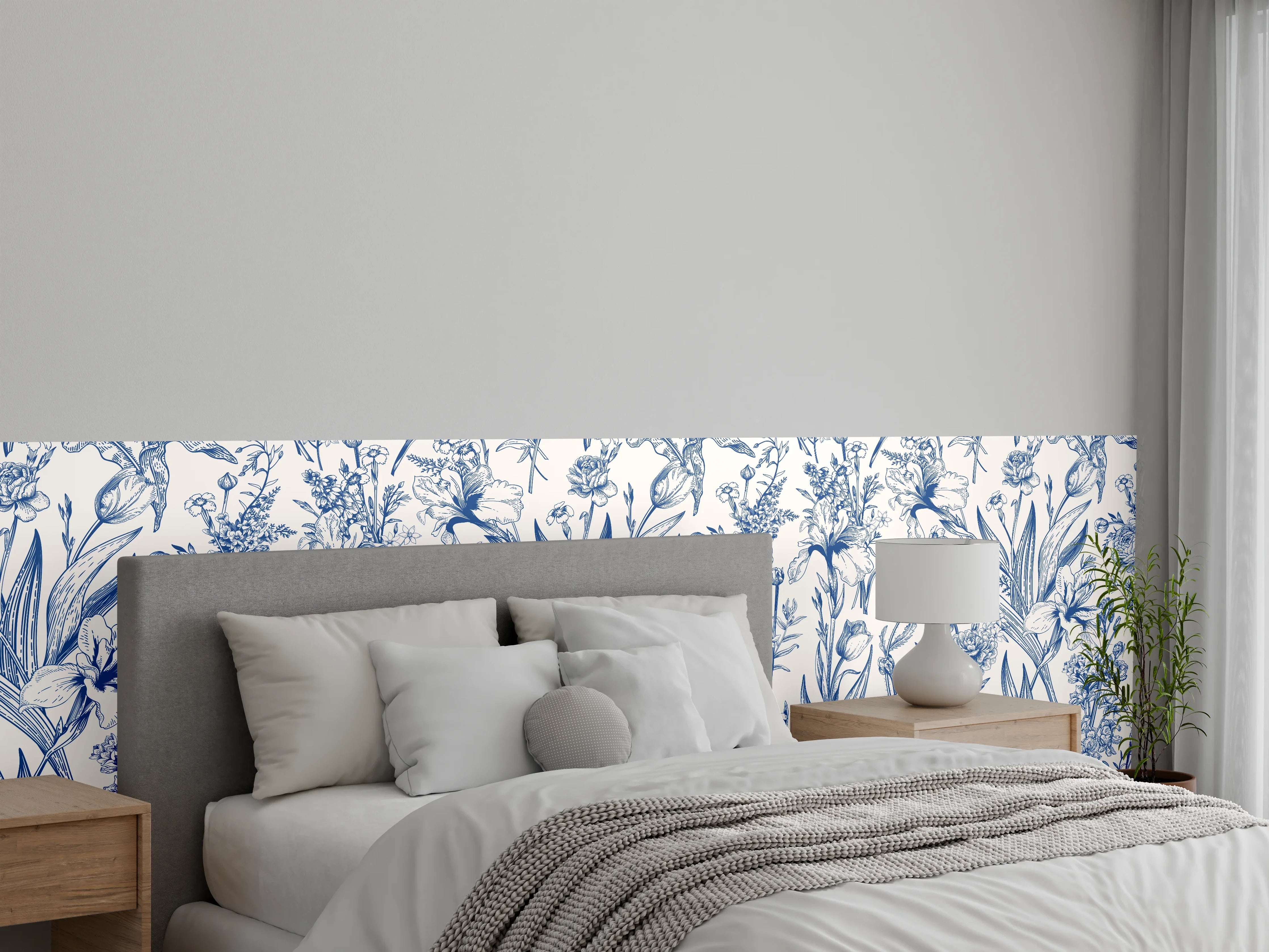 Wandverkleidung Schlafzimmer - Vintage-Blumenmuster Azurblau