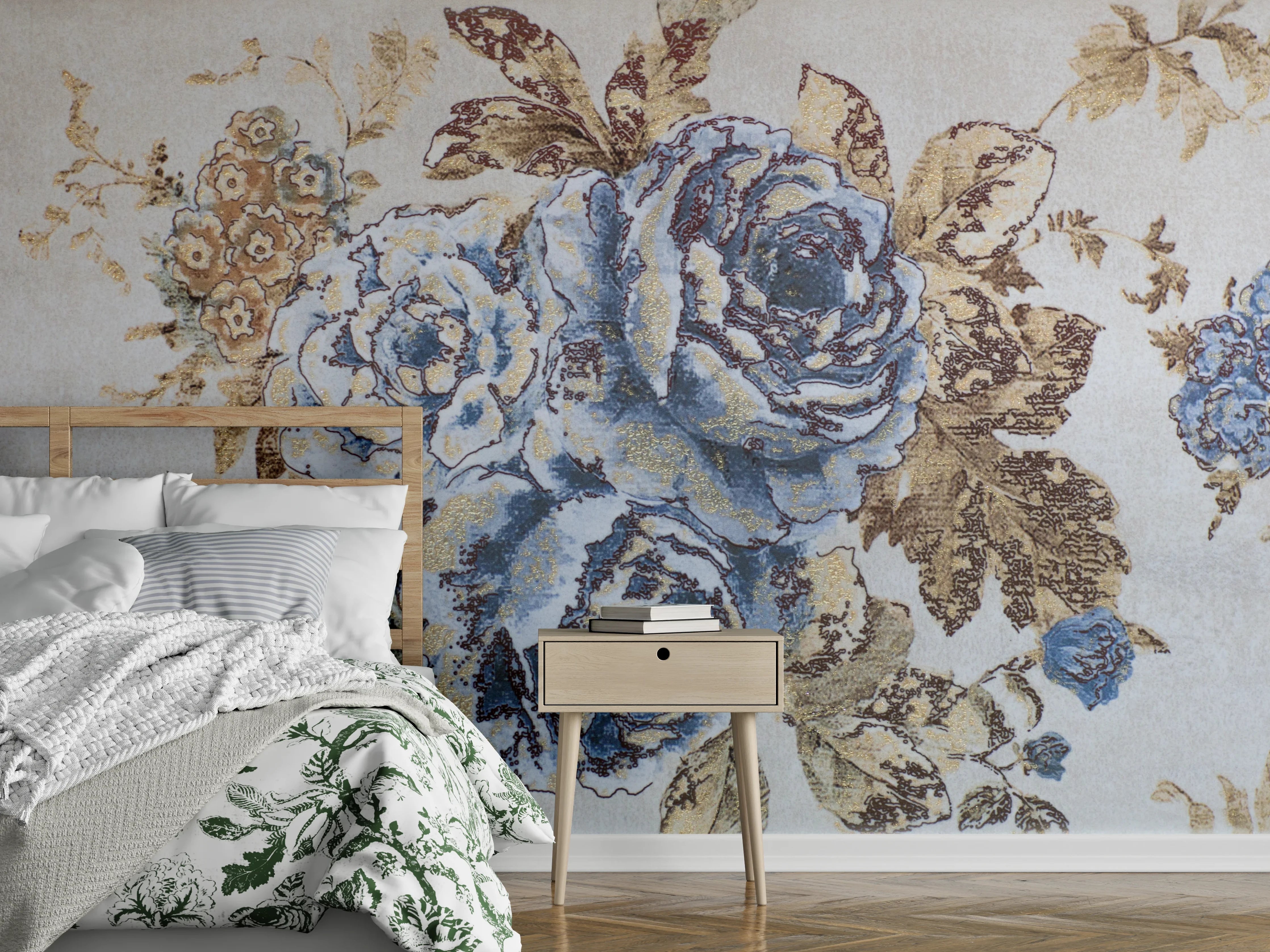 Wandverkleidung Schlafzimmer - Vintage Blumenmuster Blau Beige Tapete