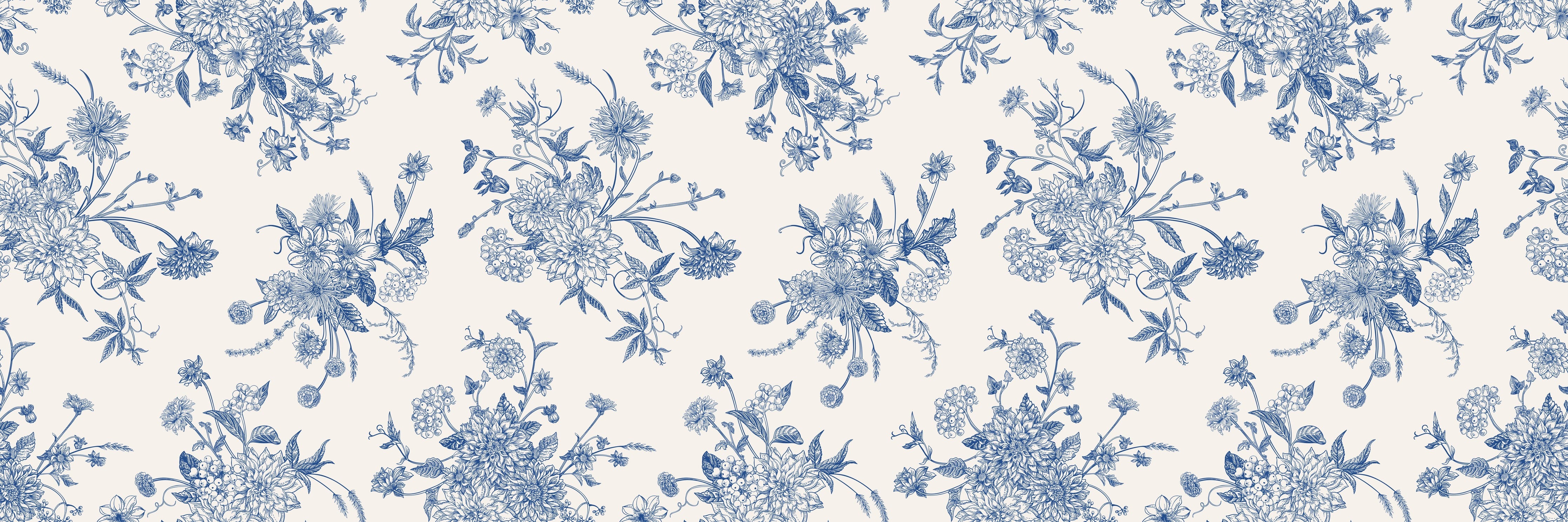 Wandverkleidung Schlafzimmer-Vintage-Blumenmuster Blau-Weiß